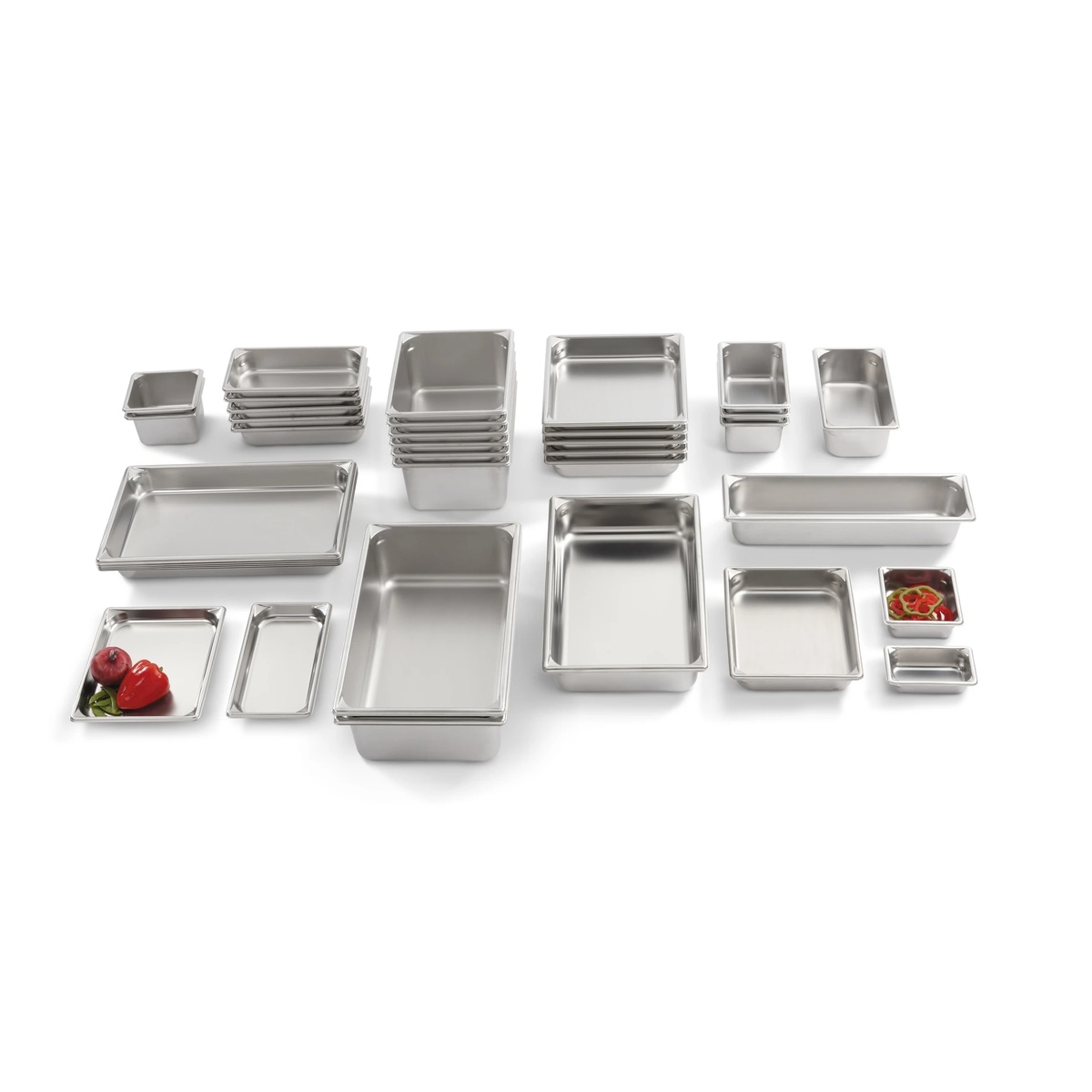 Full lineup of Vollrath Super Pan V stainless steel steam table pans in multiple sizes arranged together on a white background