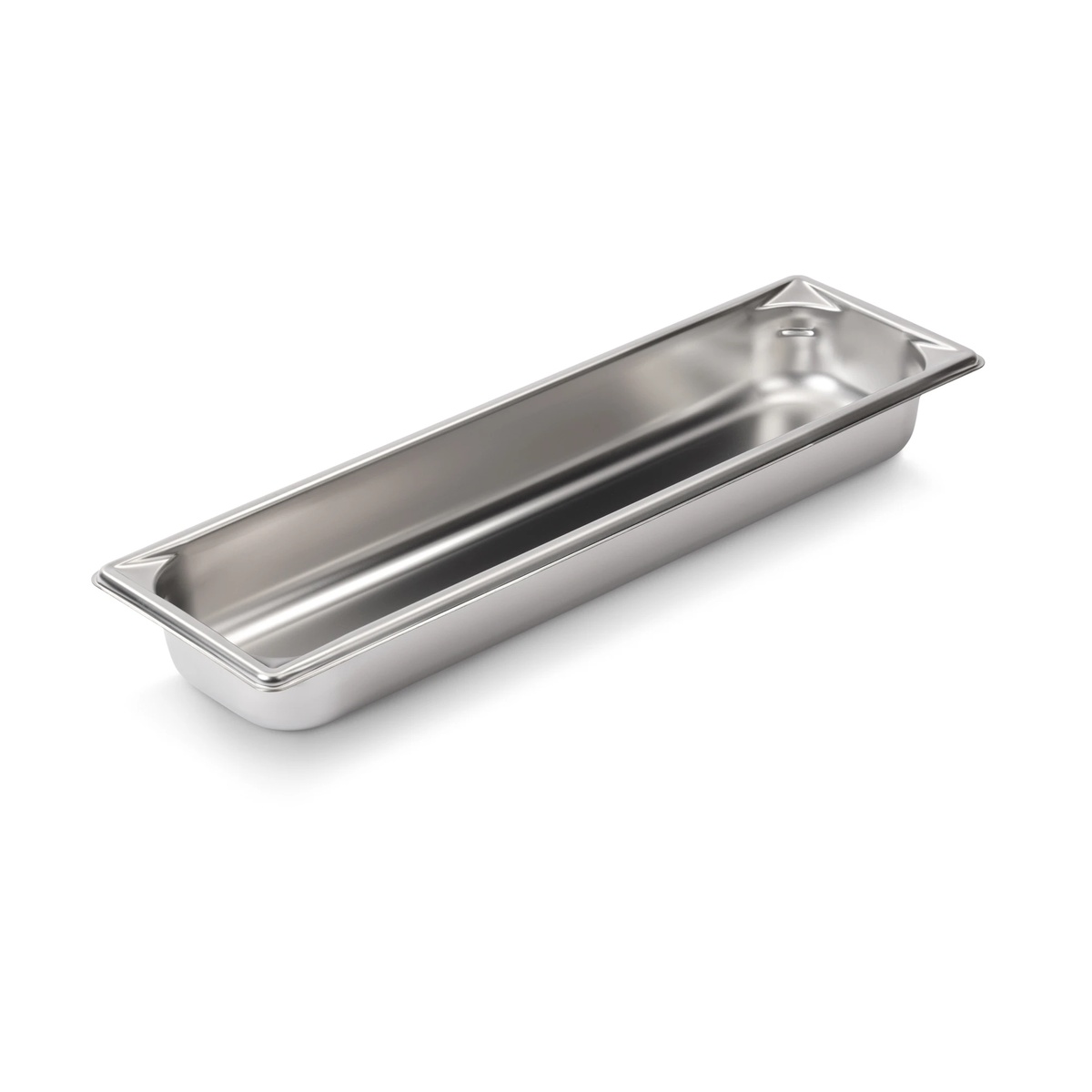Vollrath 30522 Super Pan V half-long-size stainless steel steam table pan, 2.5-inch deep, angled view showing reinforced pour corners and antijam stacking lugs