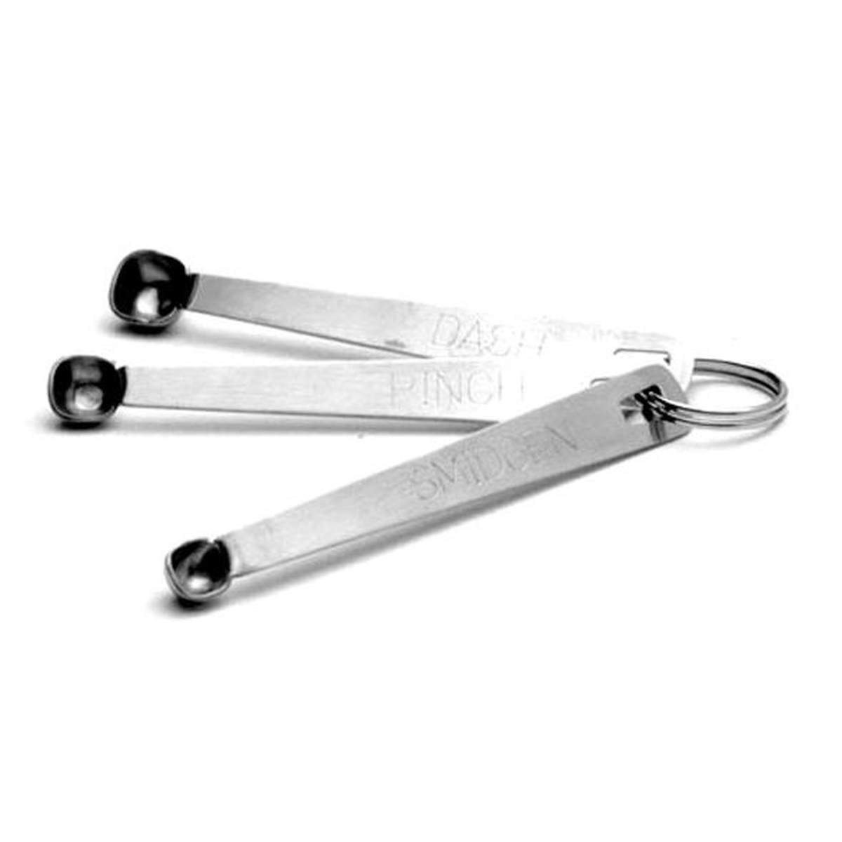 Norpro 3061D stainless steel measuring spoon set showing Dash, Pinch, and Smidgen spoons on a ring
