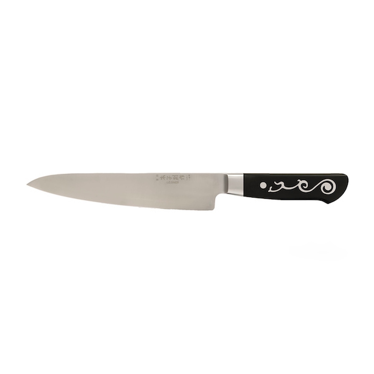 I.O. Shen Master Grade 3074 8-inch chef's knife with silver blade and black ebonite Tai Tang handle on white background