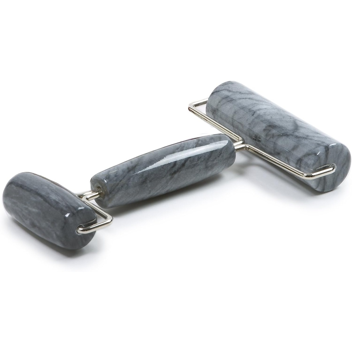 Norpro marble double dough roller shown at an angle highlighting the marble handle, large roller, and small roller with stainless steel wire frame