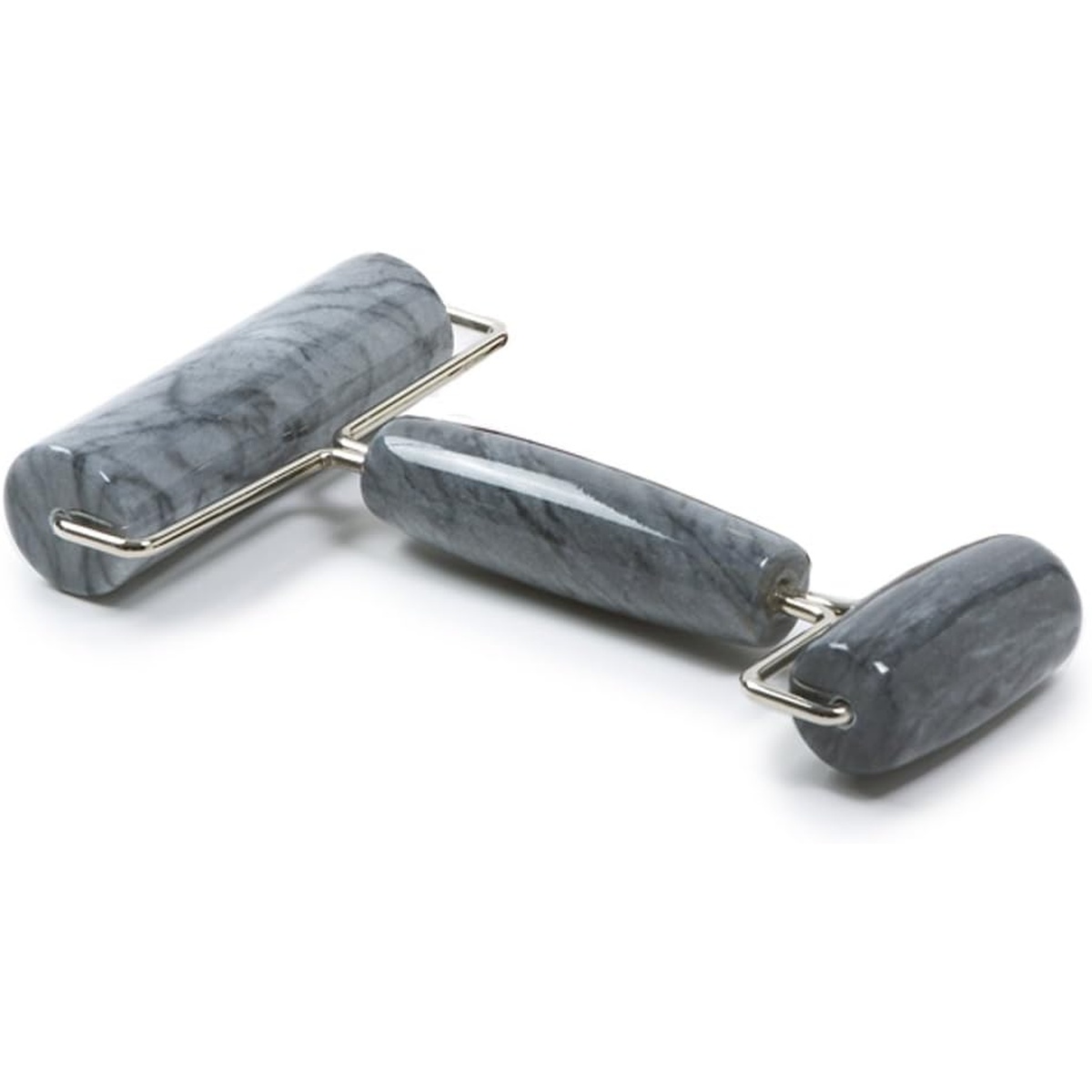 Norpro marble double dough roller showing large and small marble cylinders on stainless steel frame, top view