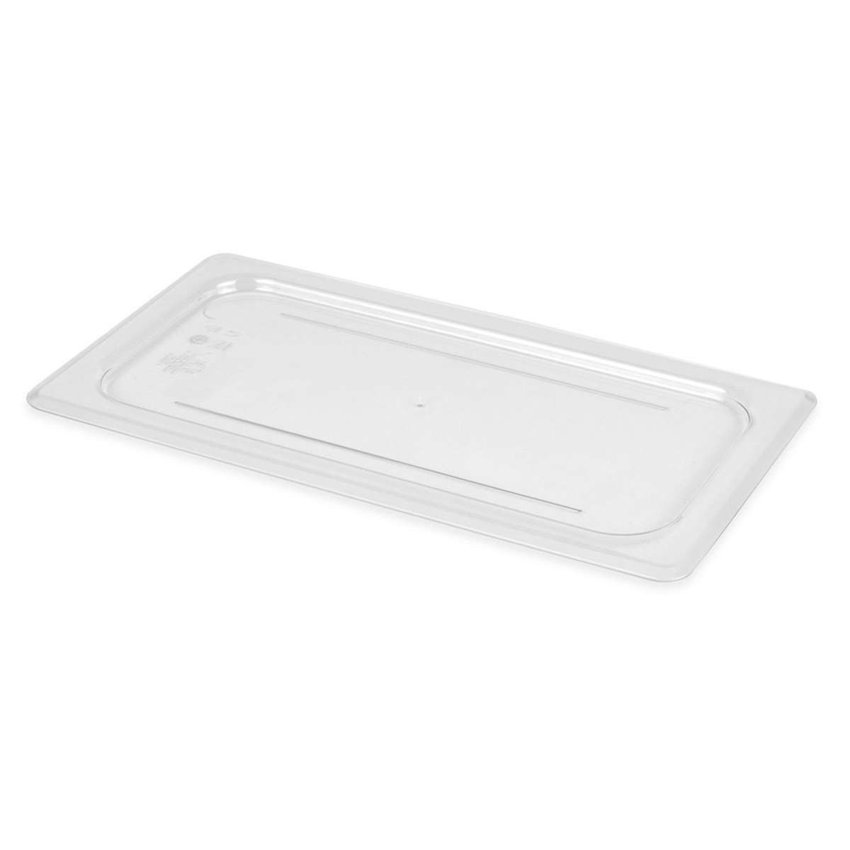 Cambro 30CWC135 clear flat food pan cover, angled view showing low-profile flat top and molded surface detail