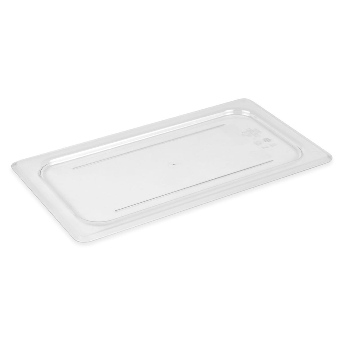 Cambro 30CWC135 clear polycarbonate 1/3 size flat food pan cover, angled overhead view