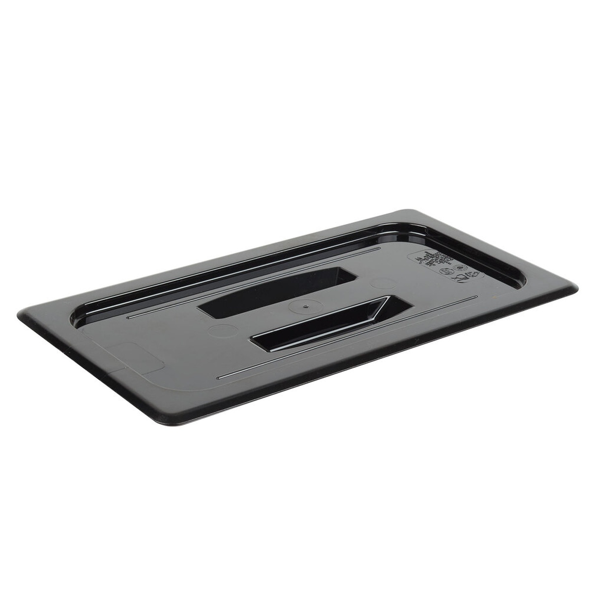 Cambro 30CWCH110 1/3 size black polycarbonate handled lid, angled view showing flat profile and deep molded center handle