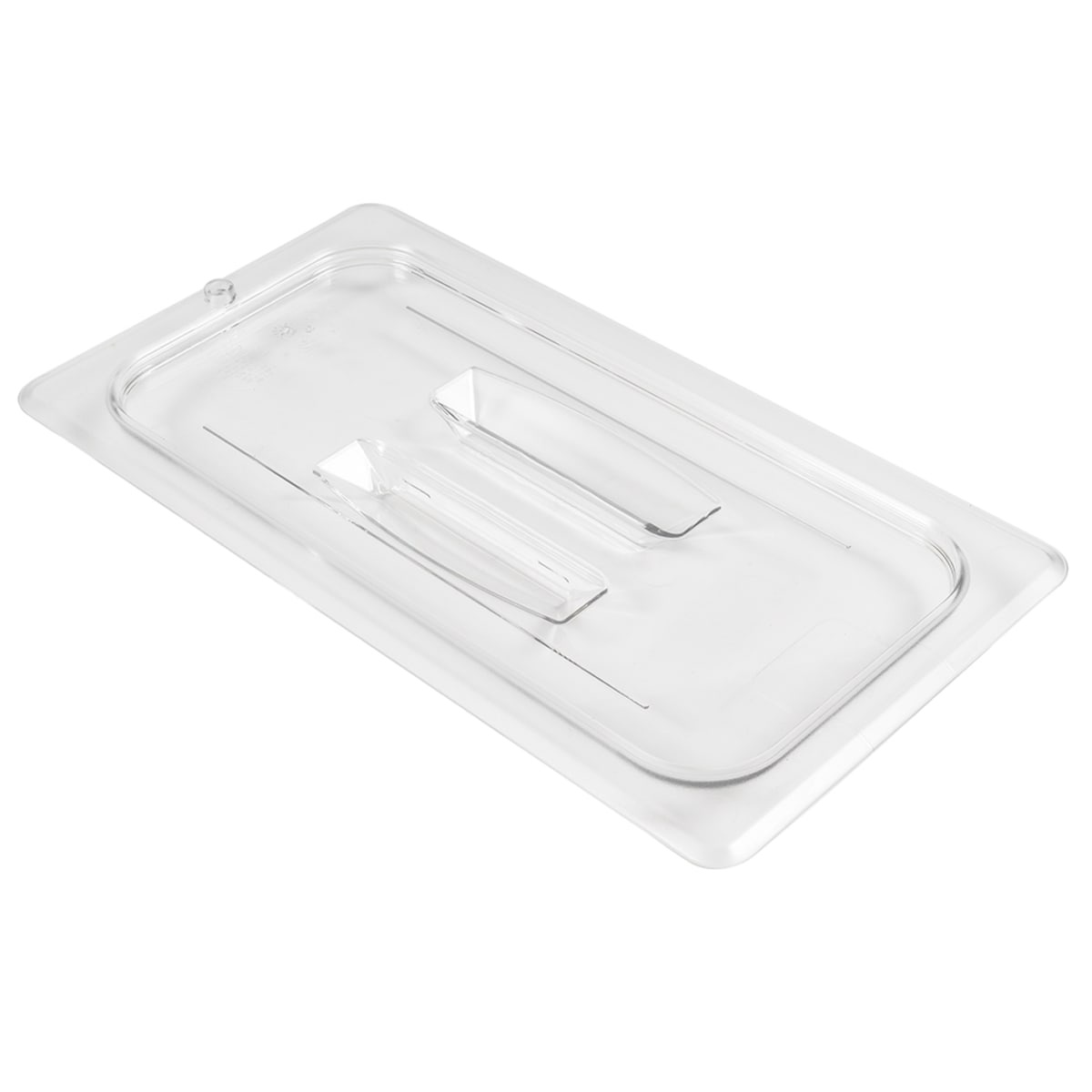 Cambro 30CWCH135 clear polycarbonate 1/3 size food pan cover with handle, angled view