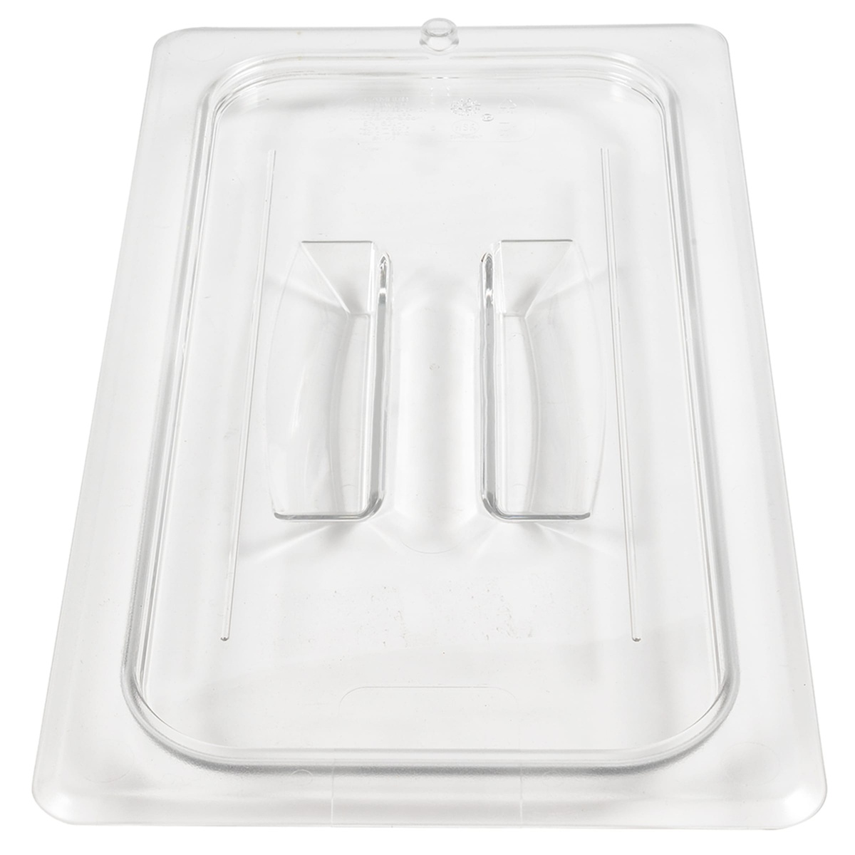 Cambro 30CWCH135 clear food pan cover top-down view showing molded handle detail