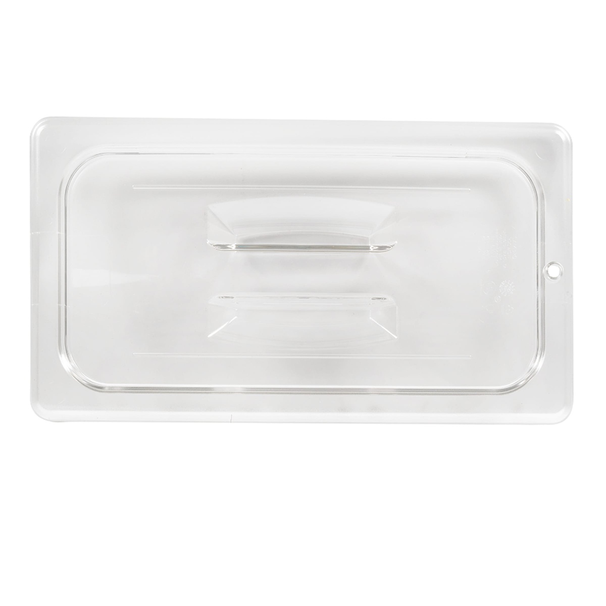 Cambro 30CWCH135 clear food pan cover flat top view showing handle and peg hole
