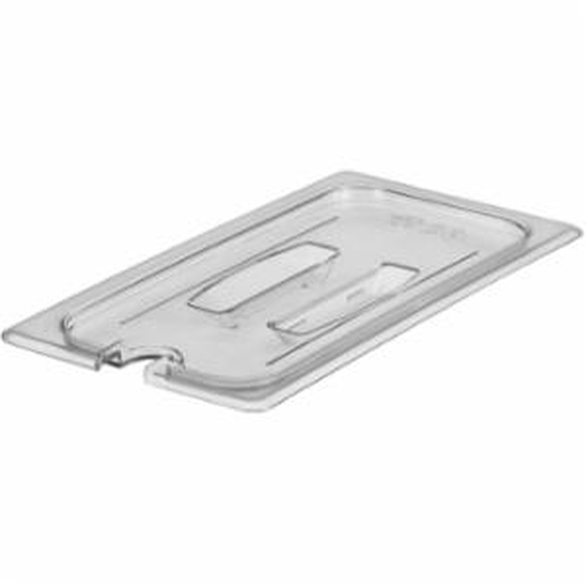 Cambro 30CWCHN135 clear polycarbonate 1/3 size notched food pan cover with molded handle, angled top view showing spoon notch detail