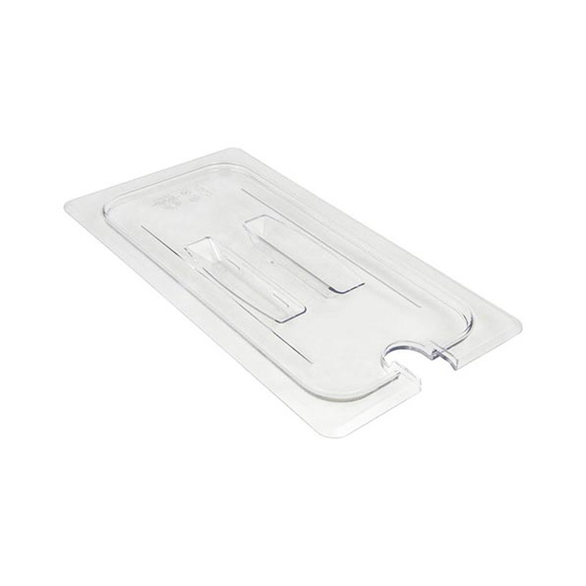 Cambro 30CWCHN135 clear polycarbonate 1/3 size notched food pan cover with deep molded handle, side-angled perspective view