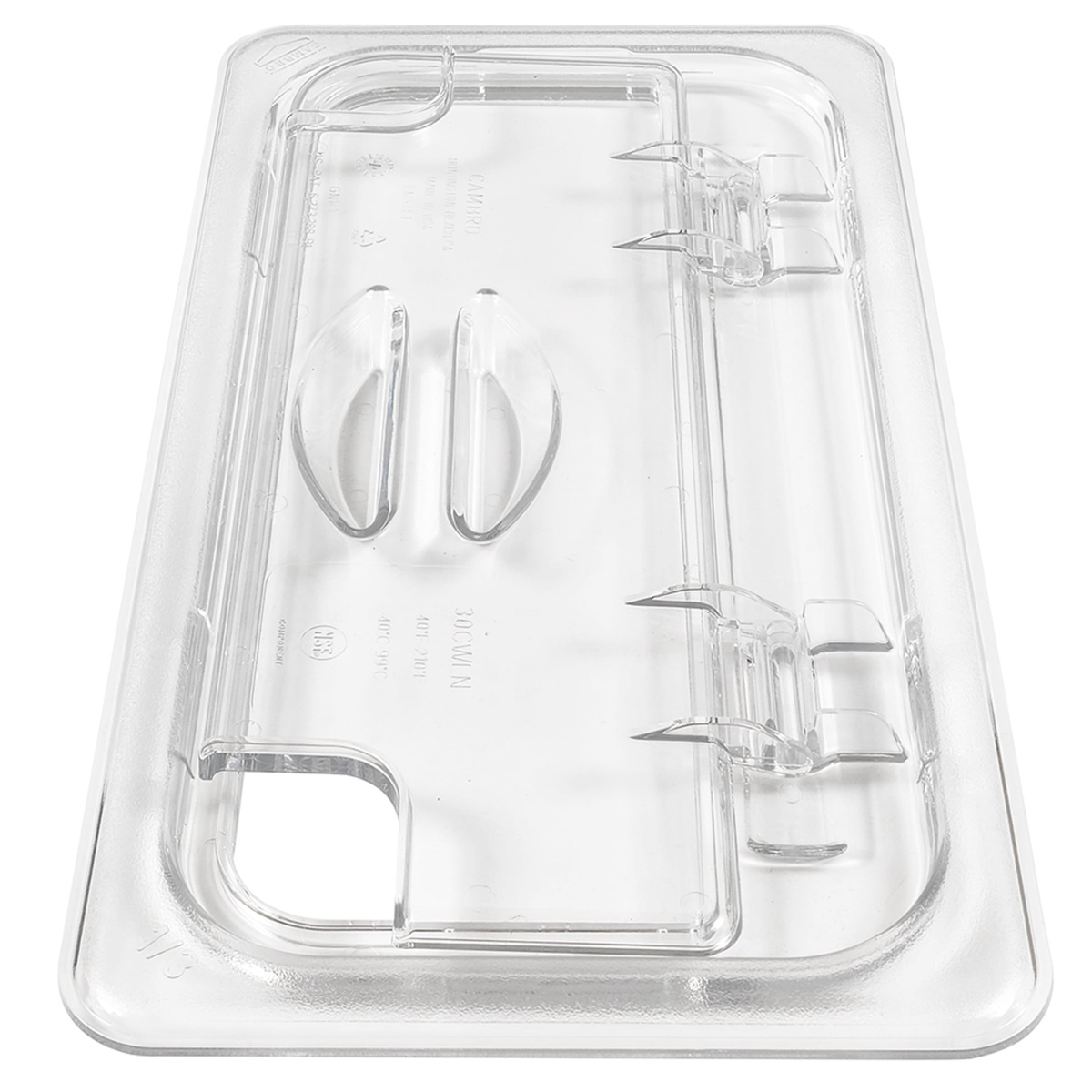 Cambro 30CWLN135 FlipLid underside view showing hinge clips, model markings, and polycarbonate construction detail
