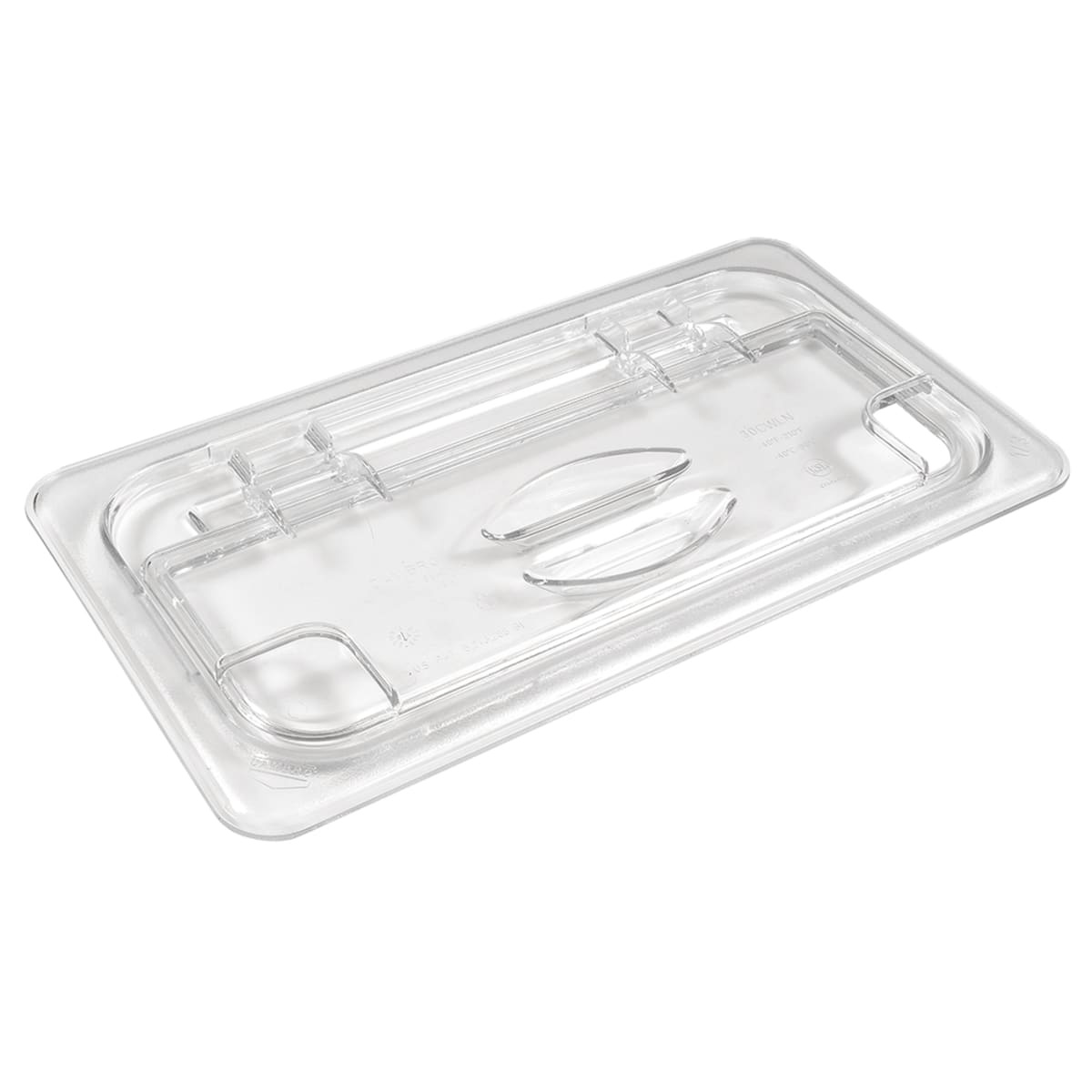 Cambro 30CWLN135 clear polycarbonate FlipLid for 1/3 size food pans, angled top view closed