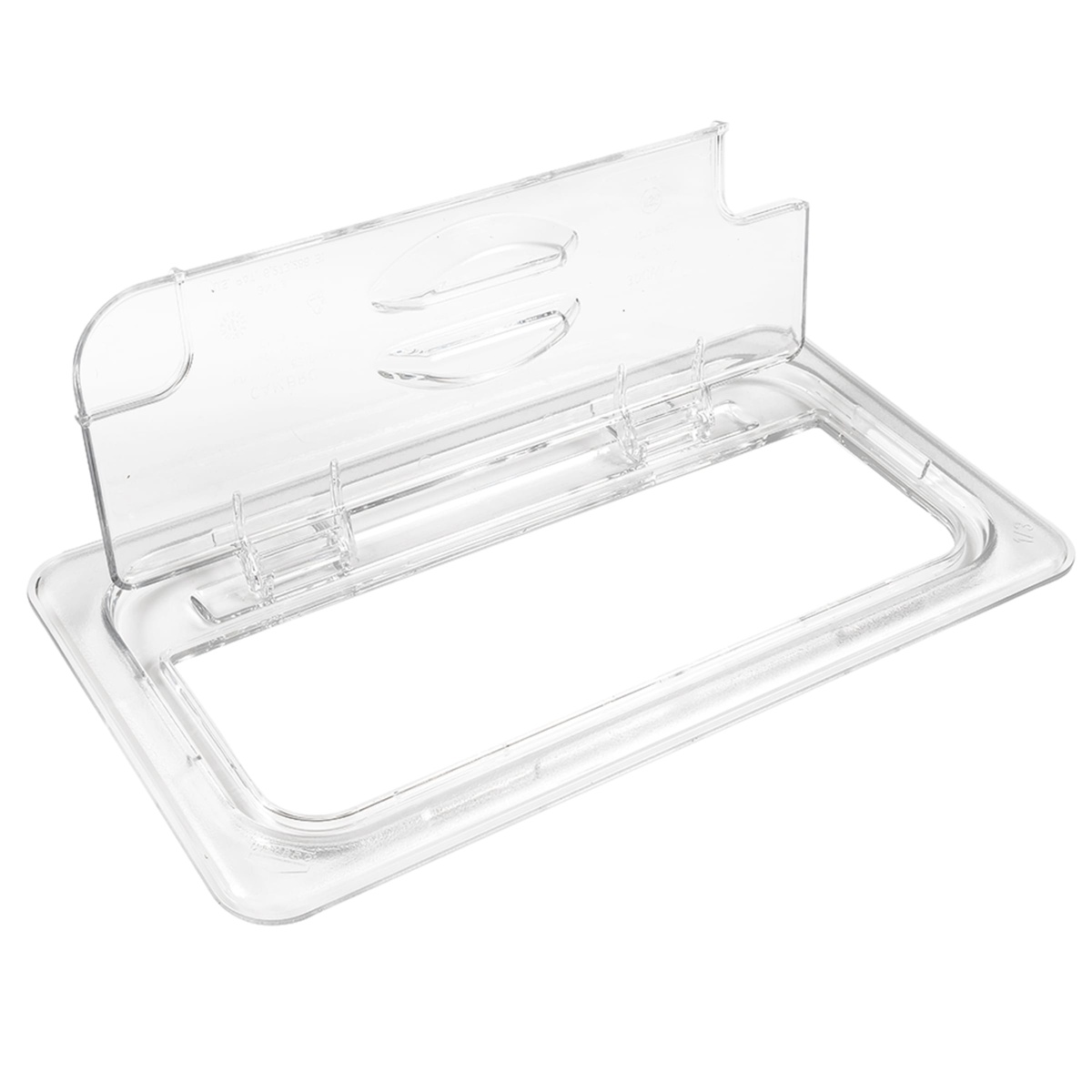 Cambro 30CWLN135 FlipLid shown fully open, revealing the hinged flip mechanism and spoon notch cutout