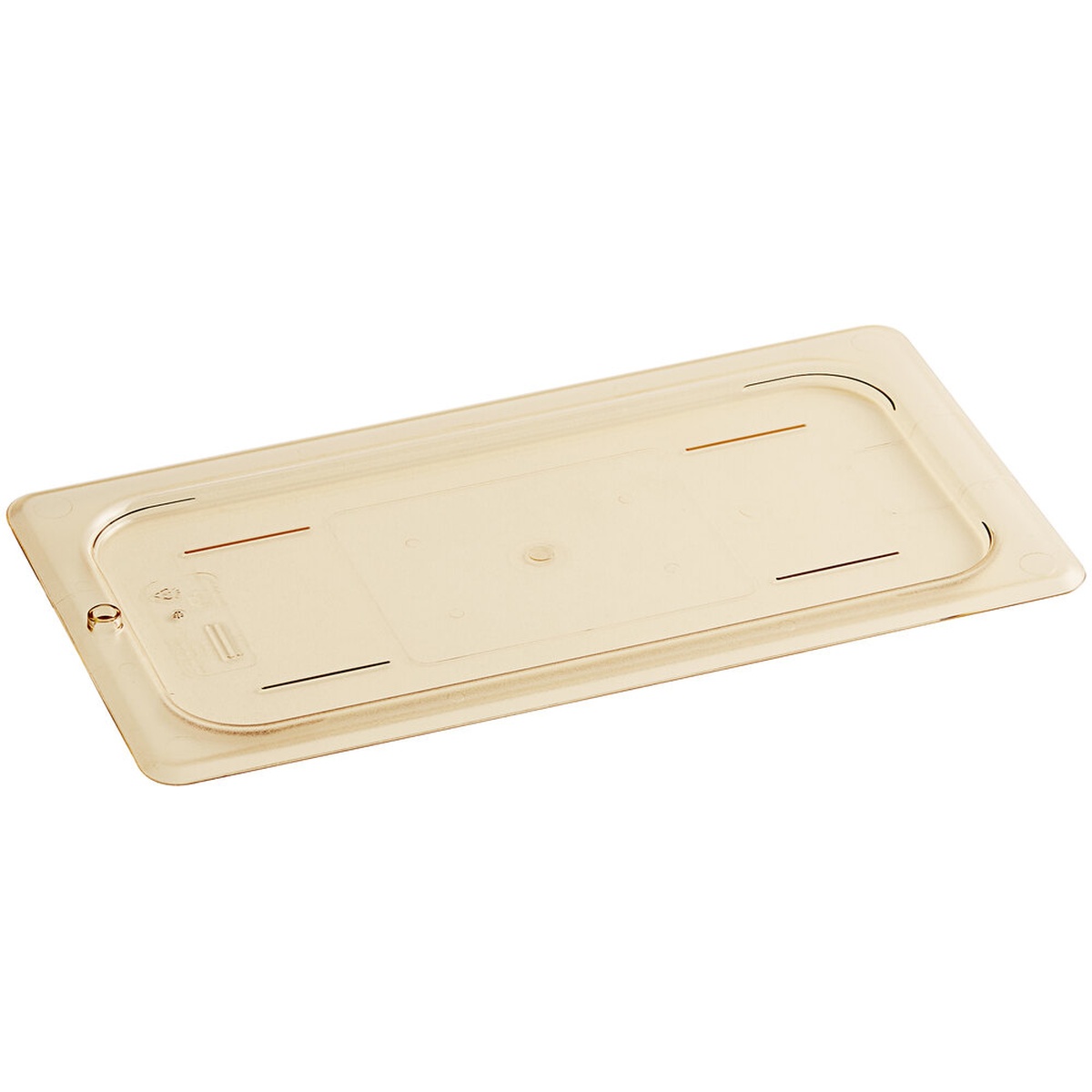 Cambro 30HPC150 1/3 size amber high-heat flat food pan lid, angled profile view on white background