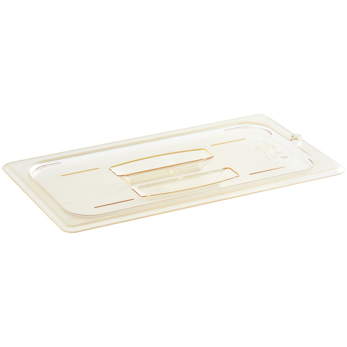 Cambro 30HPCH150 amber high-heat 1/3 size flat lid with molded handle, angled product view on white background