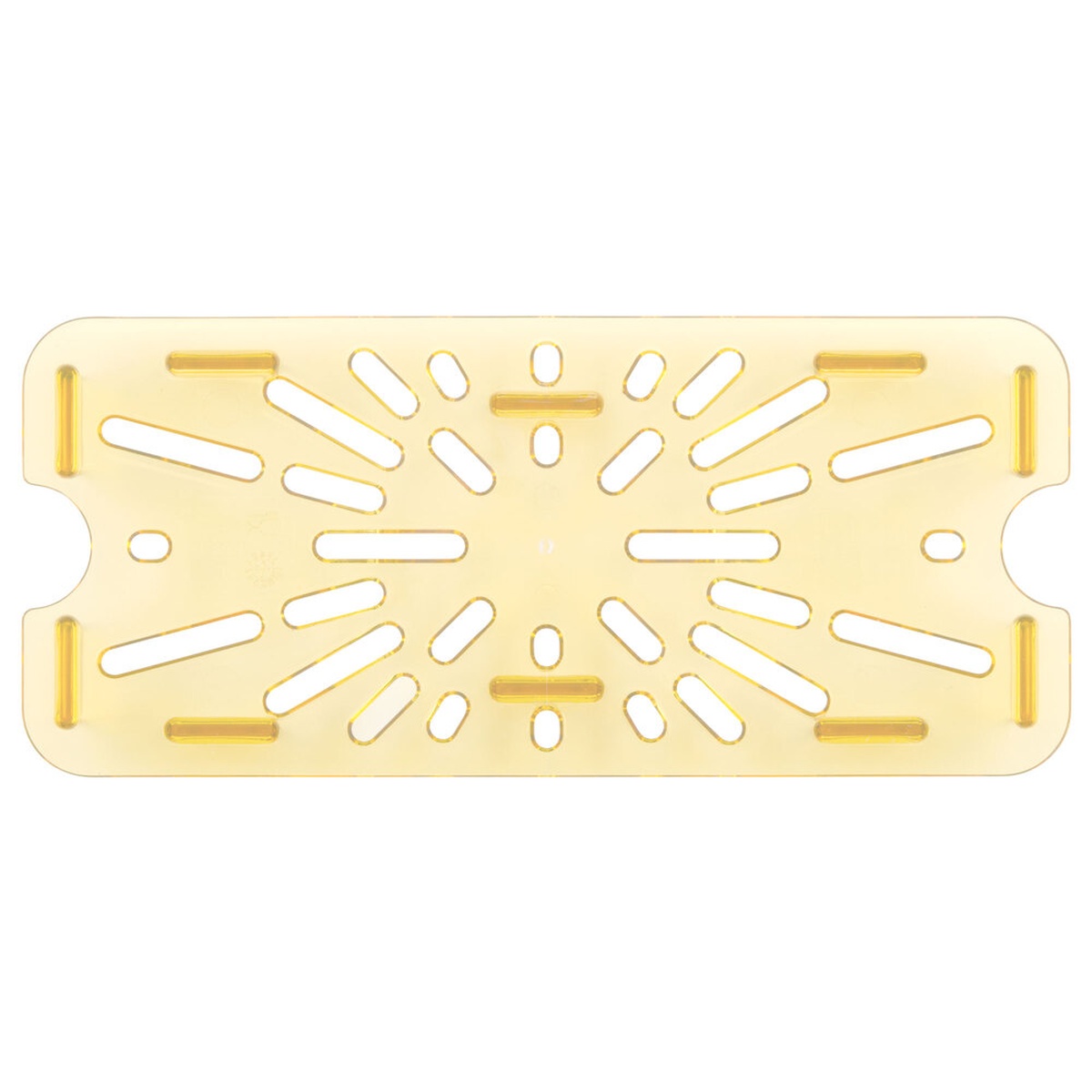 Cambro 30HPD150 1/3 size amber high heat drain shelf with perforated oval slots, top-down view on white background