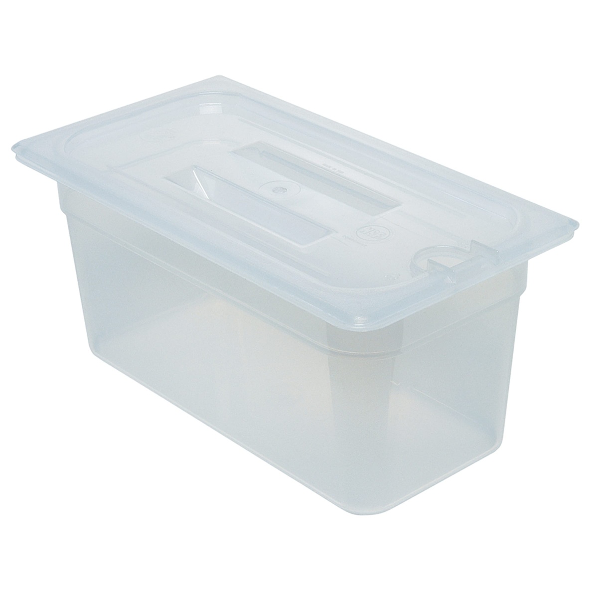 Cambro 30PPCHN190 translucent polypropylene lid seated on a 1/3 size food pan container, angled view