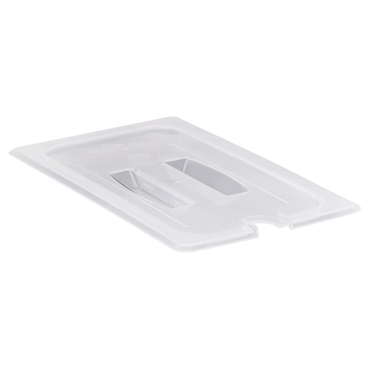 Cambro 30PPCHN190 translucent 1/3 size food pan lid showing deep molded handle and spoon notch, angled top view