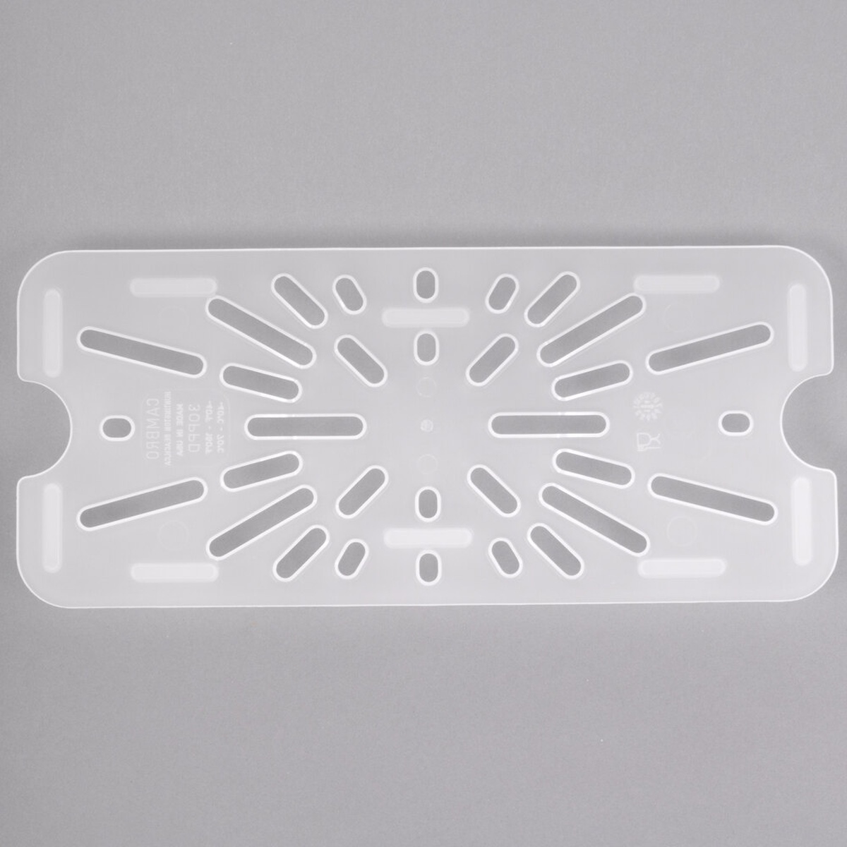 Cambro 30PPD190 1/3 size translucent polypropylene drain shelf showing perforated surface and notched ends