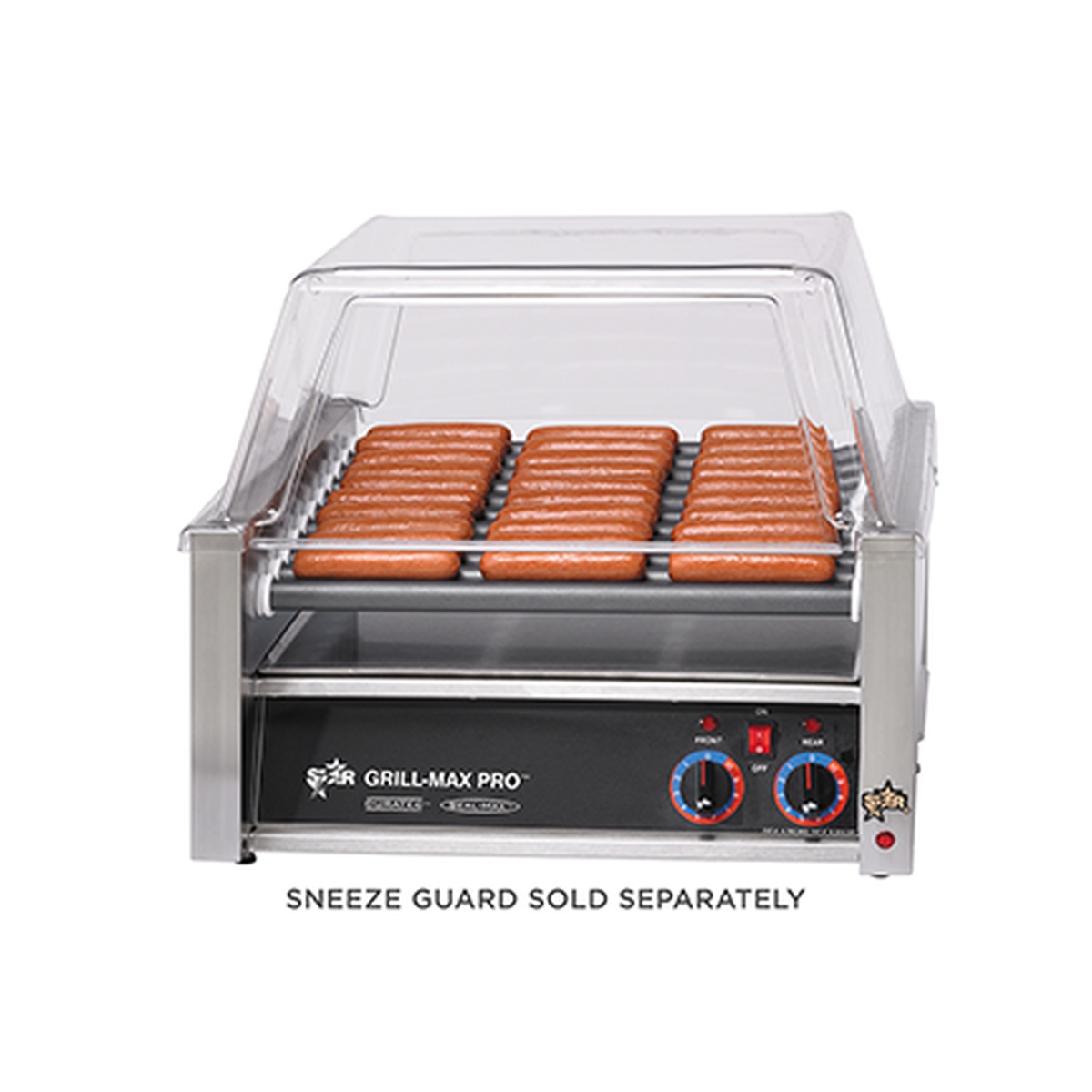 Star Grill-Max Pro 30SC hot dog roller grill with slanted Duratec-coated rollers loaded with hot dogs