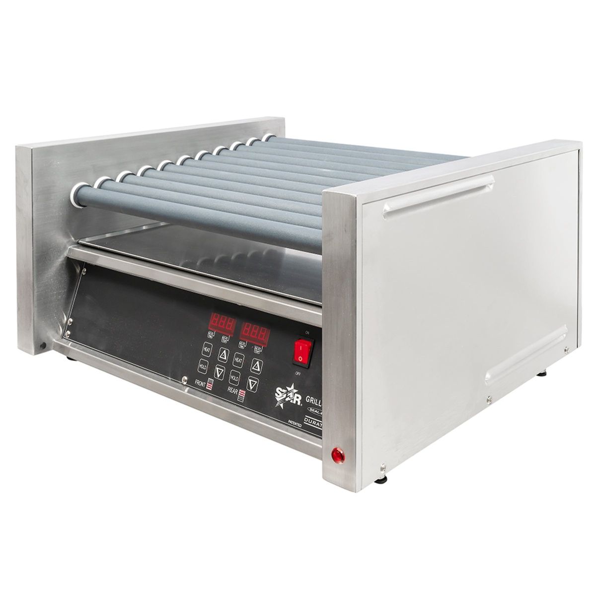 Star 30SCE hot dog roller grill angled three-quarter view showing stainless steel exterior and roller assembly