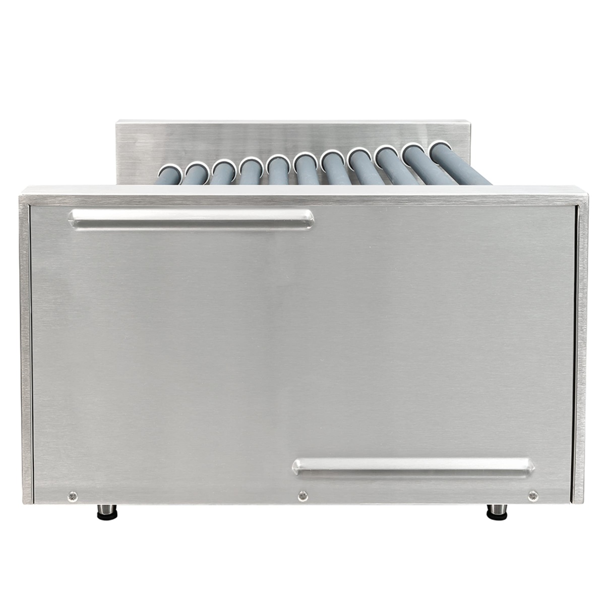 Star 30SCE hot dog roller grill side profile view showing angled roller configuration and stainless steel housing