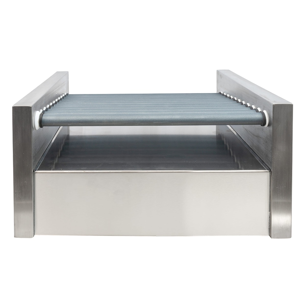 Star 30SCE hot dog roller grill rear top view showing Duratec non-stick coated rollers and drip tray