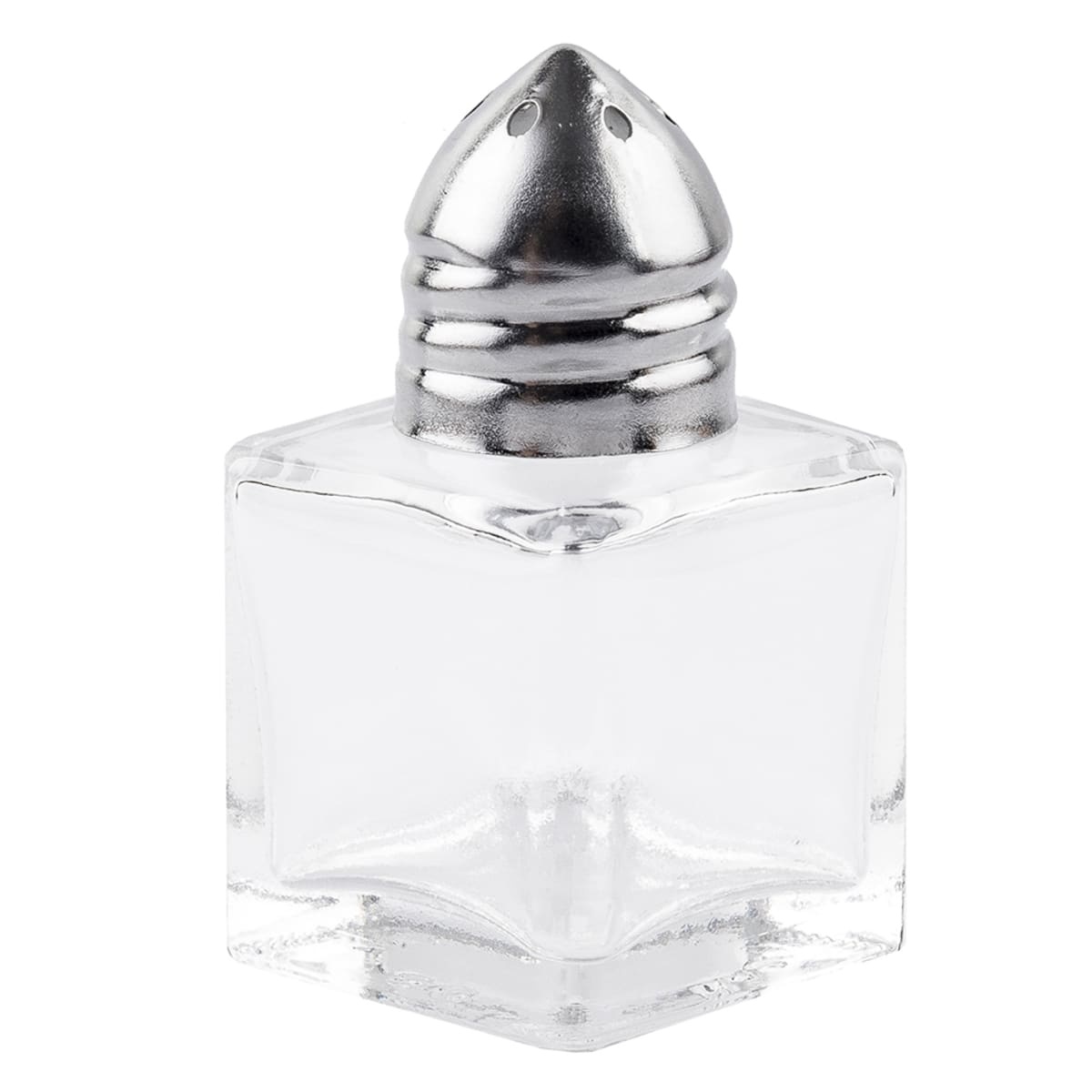 Tablecraft 30S&P cube glass salt and pepper shaker with nickel-plated top, full view on white background