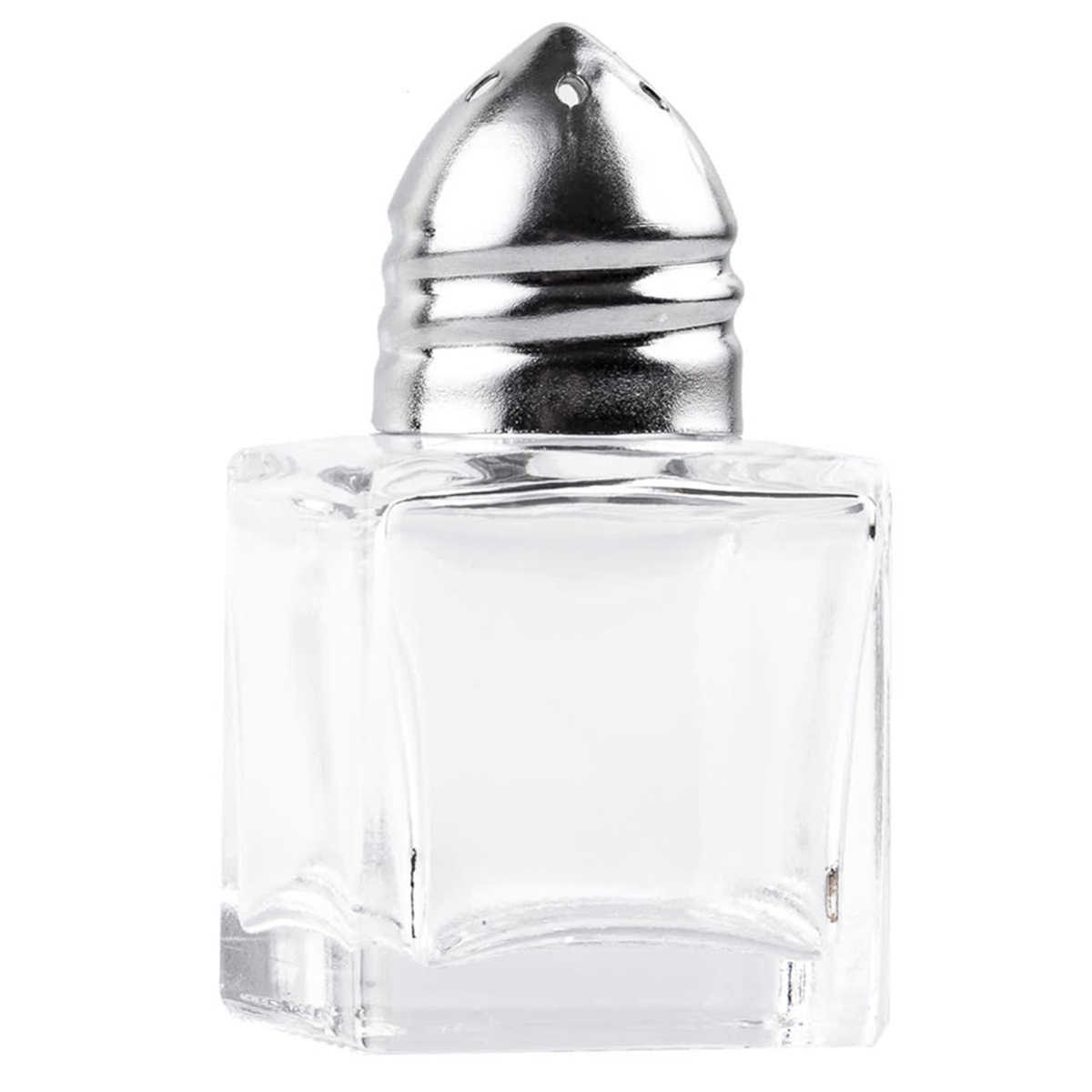 Tablecraft 30S&P cube glass shaker angled view showing square body and metal screw-top