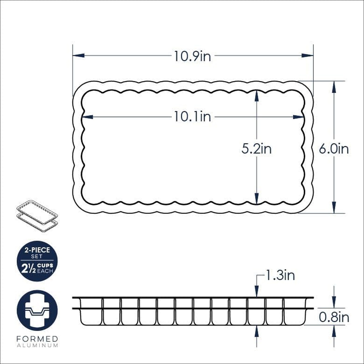 Technical dimension diagram for the Nordic Ware Celebrations Loaf Pan showing 10.9in outer length, 6.0in outer width, 10.1in inner length, 5.2in inner width, and 0.8in depth