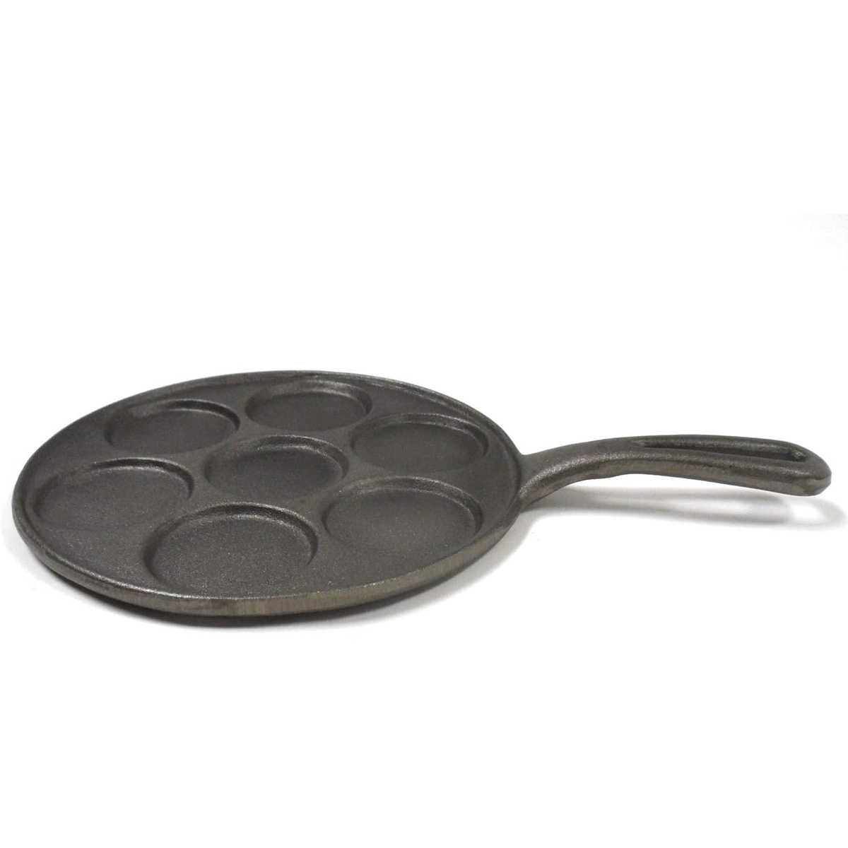 Norpro cast iron plett pan angled side view showing depth and long handle