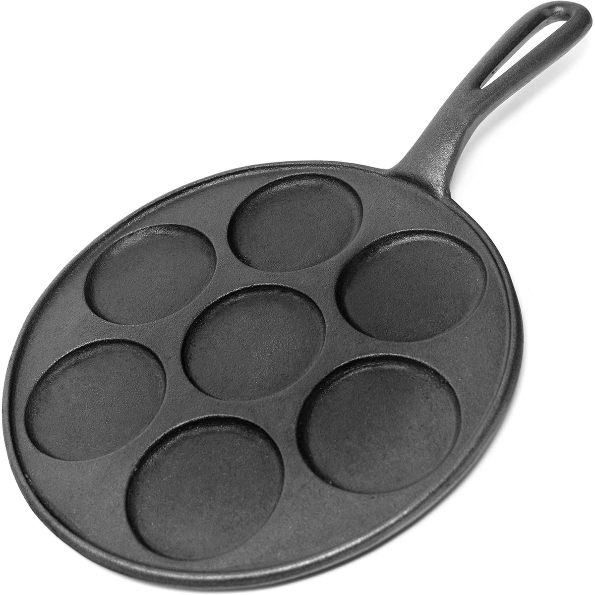 Norpro cast iron plett pan top-down view showing seven circular cooking wells