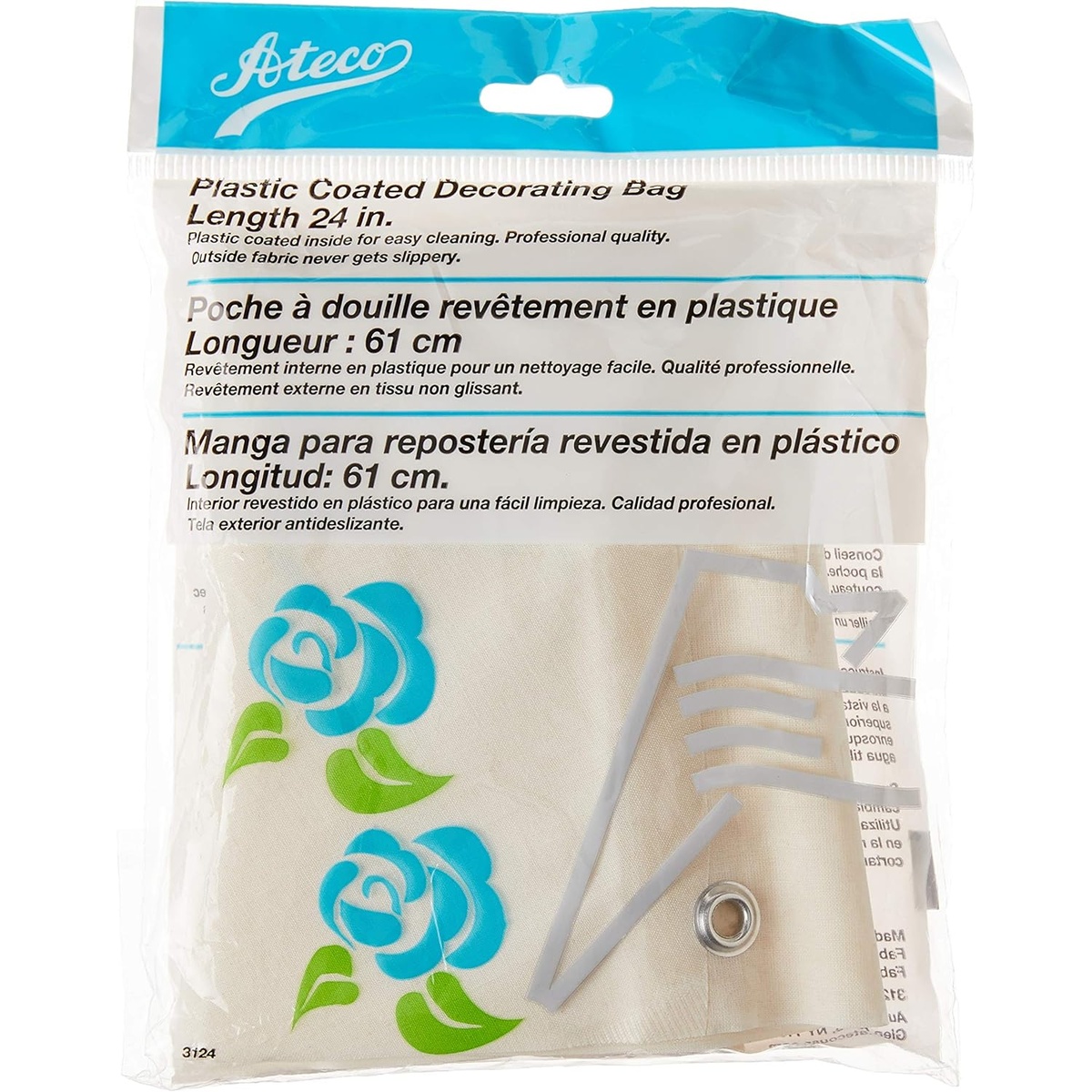 Ateco 3124 decorating bag shown in retail packaging with floral print fabric and bag tie visible