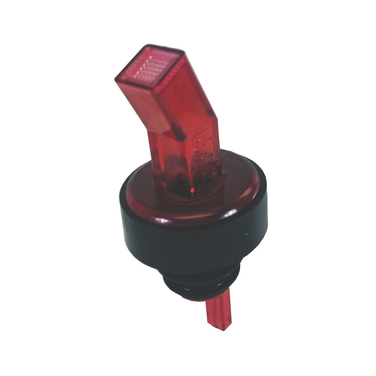 Spill-Stop 313-03 red plastic free-flow liquor pourer with black collar and BAN-M screen