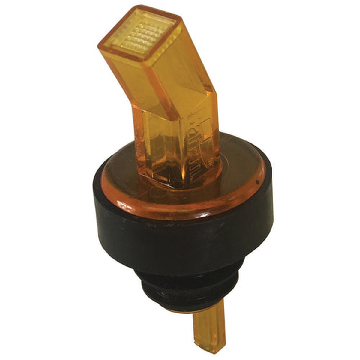 Spill-Stop 313-06 amber plastic BAN-M screened liquor pourer with black Poly-Kork collar