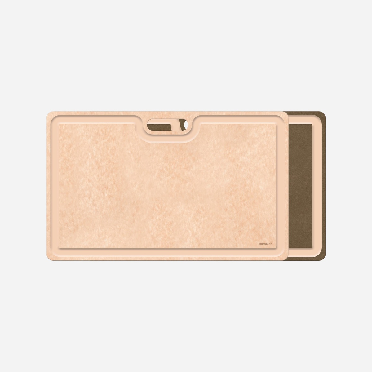 Epicurean Big Game Butcher Board shown front and back, natural color with juice groove and handle