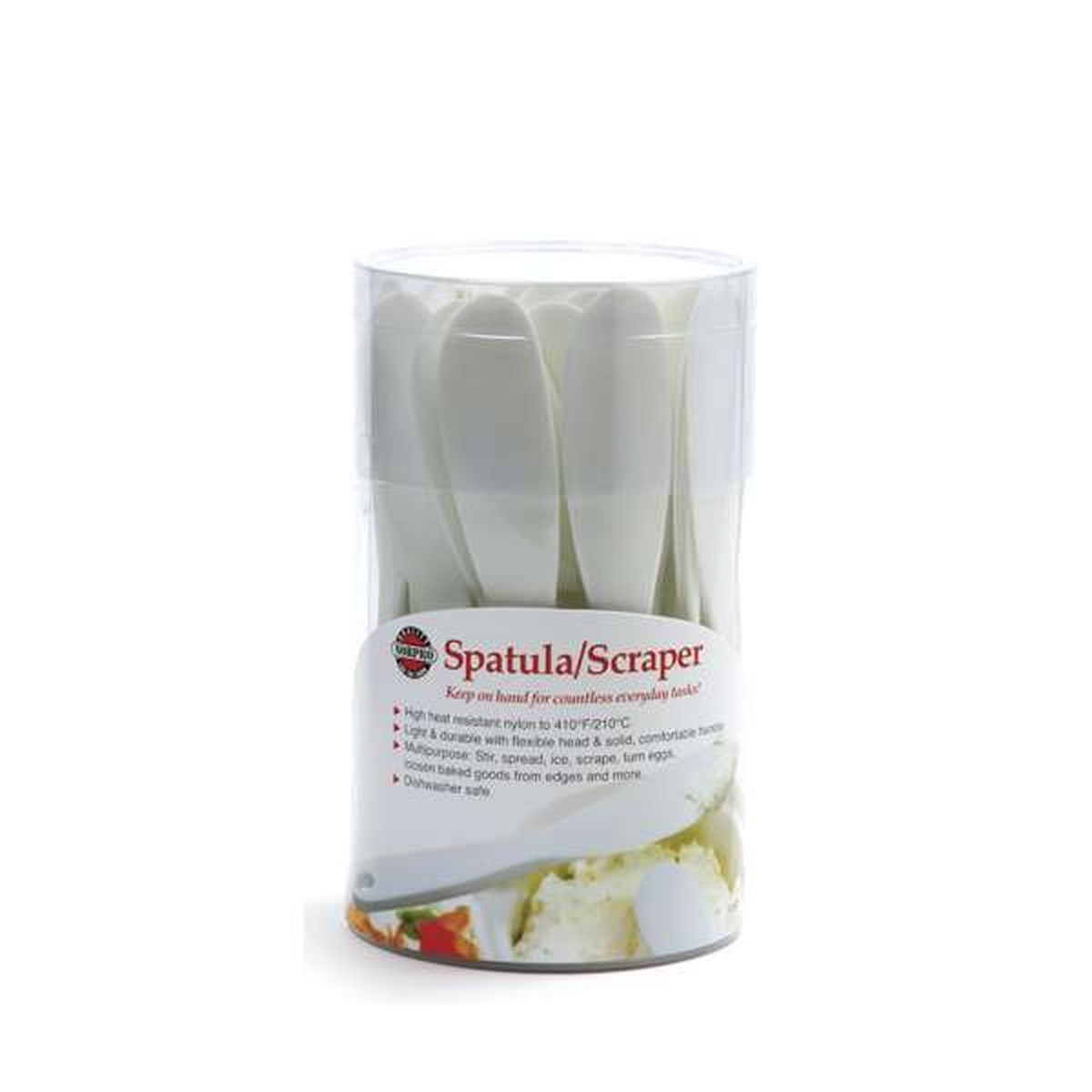 Norpro spatula scrapers stocked in a clear cylindrical display container with product label