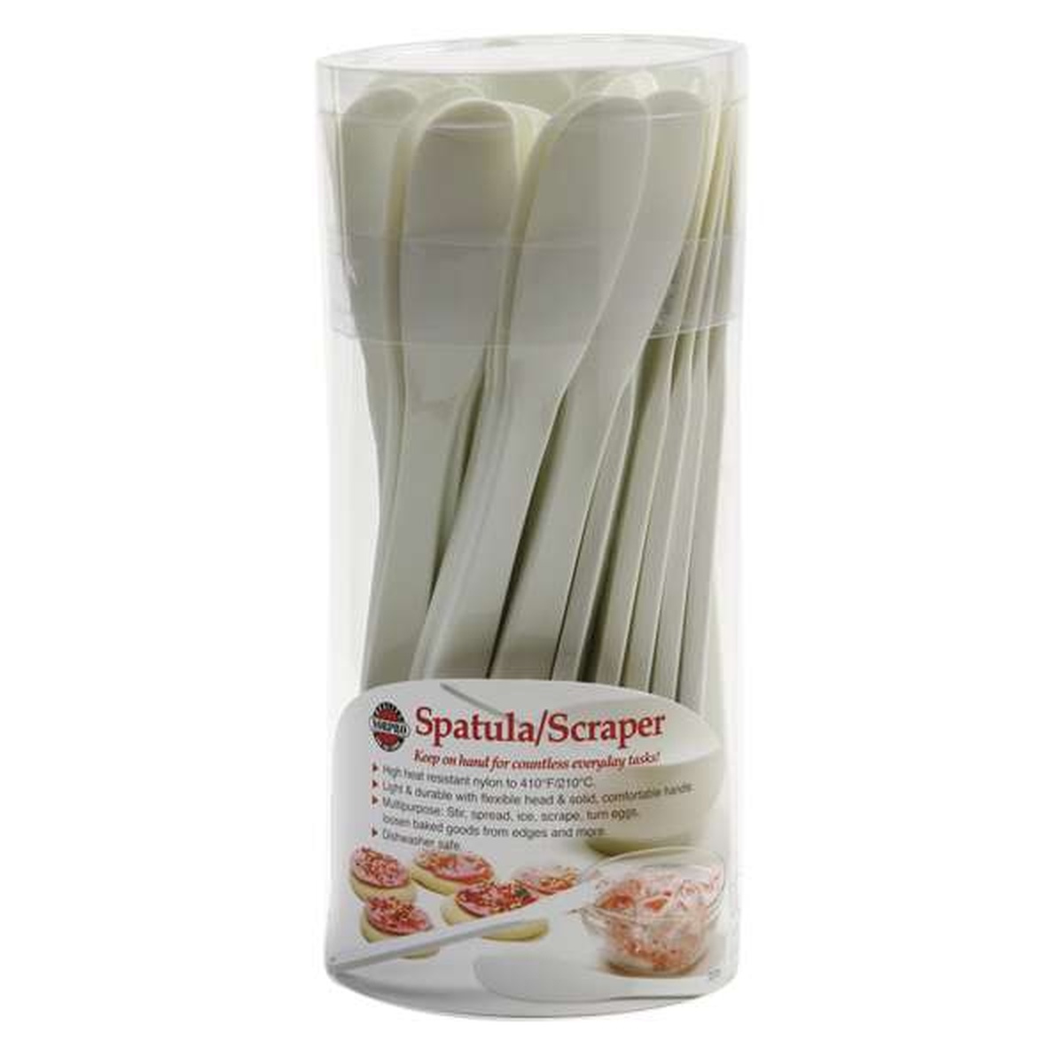 Norpro spatula scraper countertop display canister showing multiple white spatulas bundled together