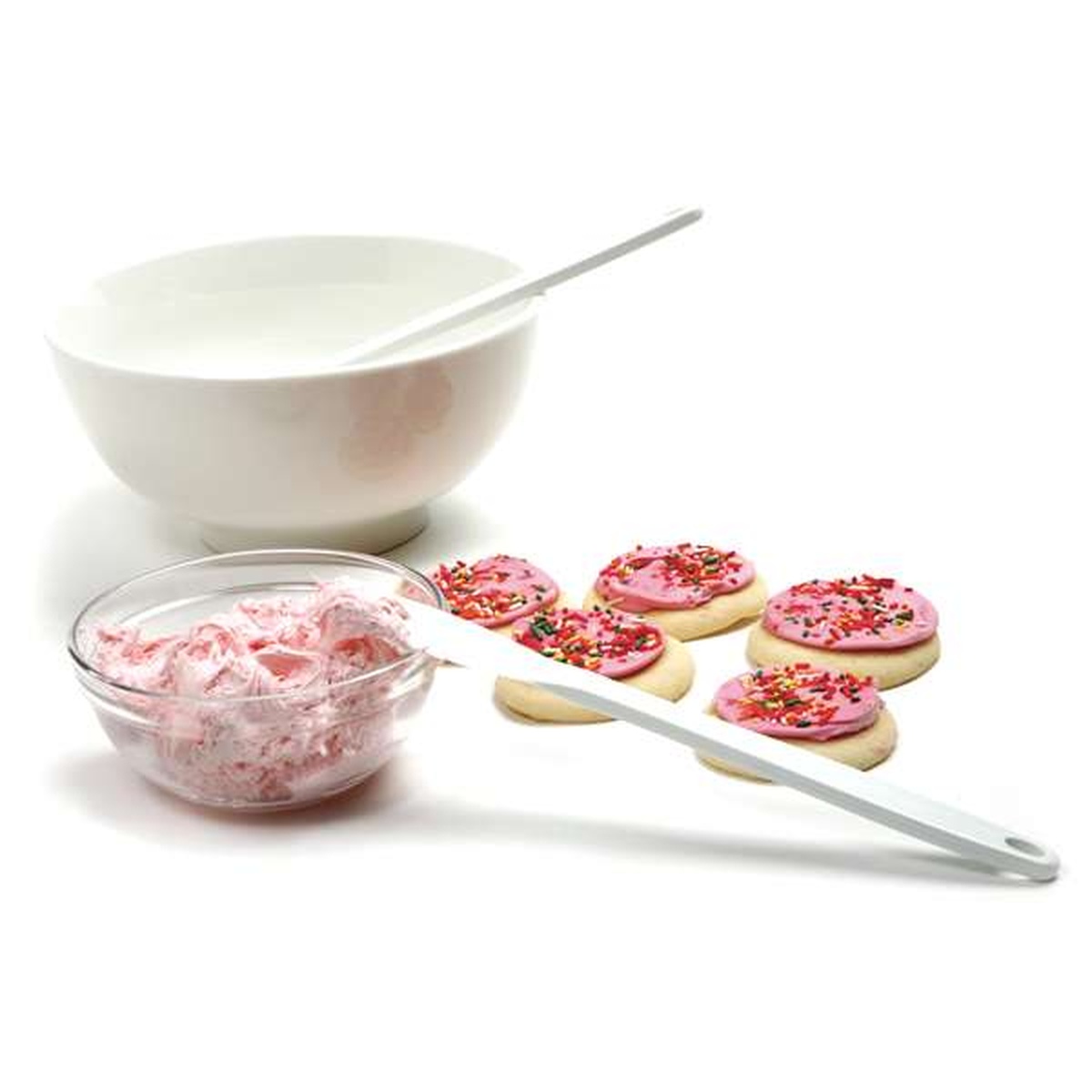 Norpro spatula scraper shown alongside frosted decorated cookies and mixing bowls