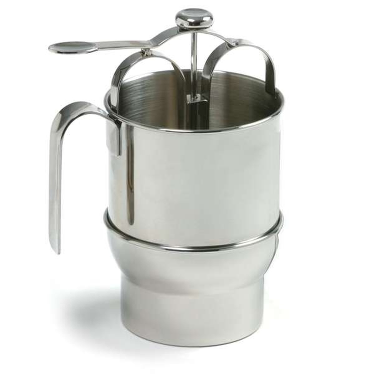 Norpro stainless steel jumbo pancake batter dispenser assembled with holder stand