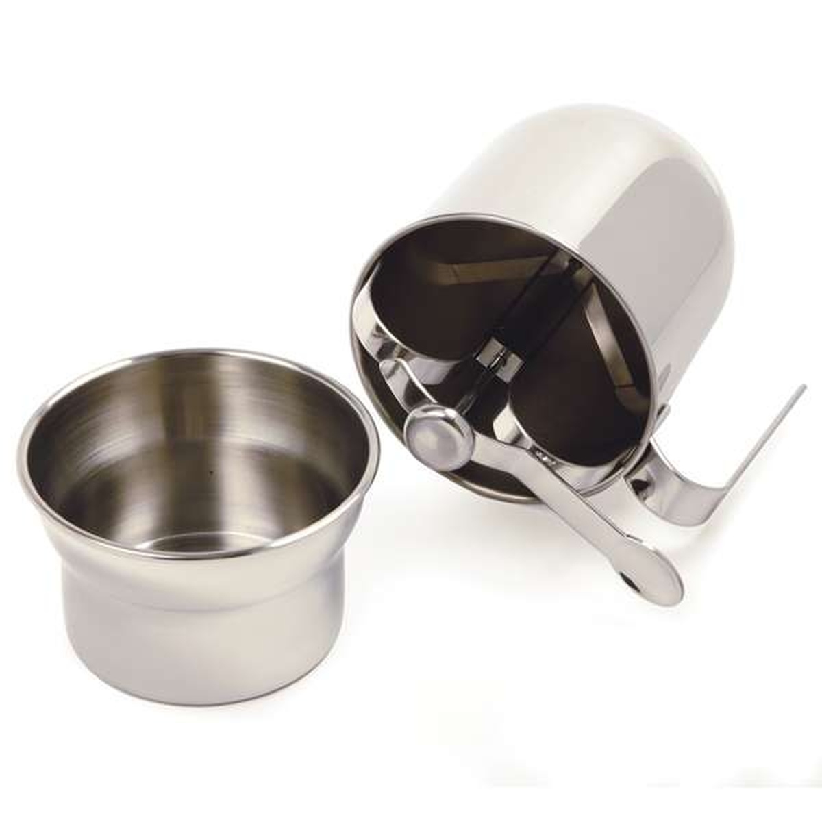 Norpro pancake dispenser disassembled showing the main body and separate stainless steel holder bowl