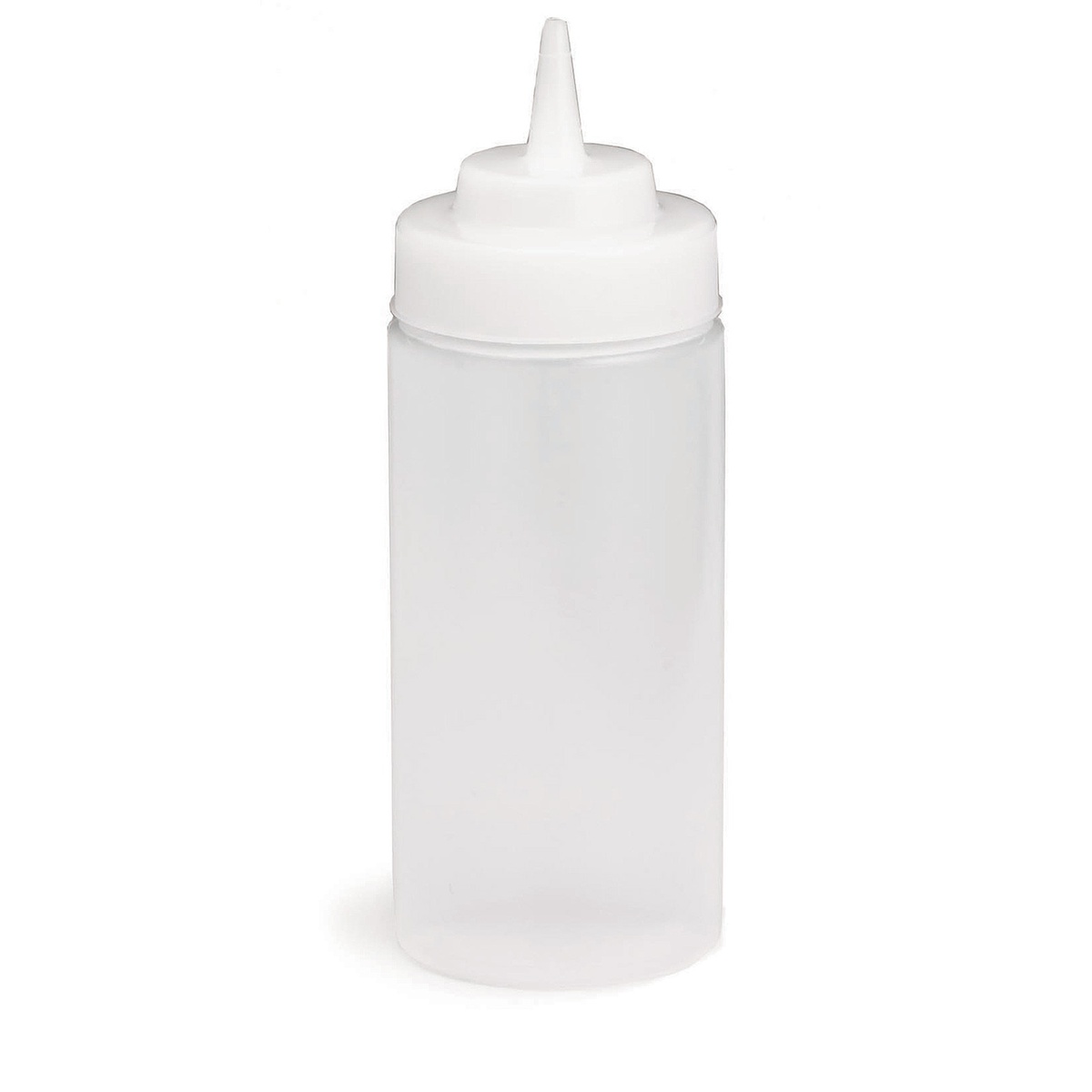 TableCraft 31763C 16 oz clear Widemouth squeeze bottle with white wide cone TipTop cap on white background