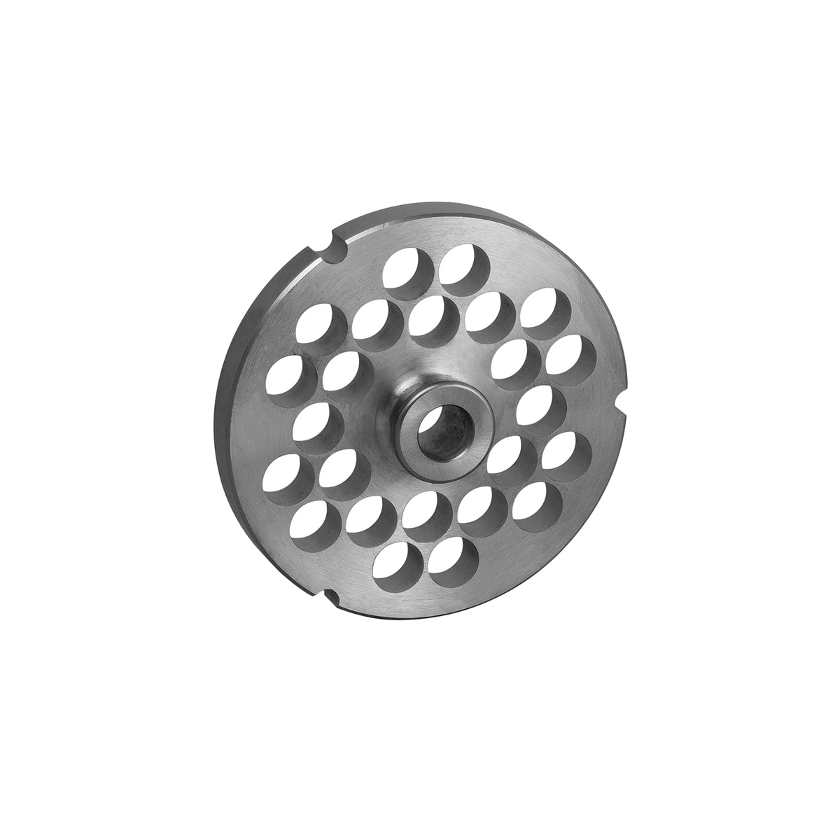L&W #32 chopper plate front view showing maximum-drilled 1/2-inch holes and center hub
