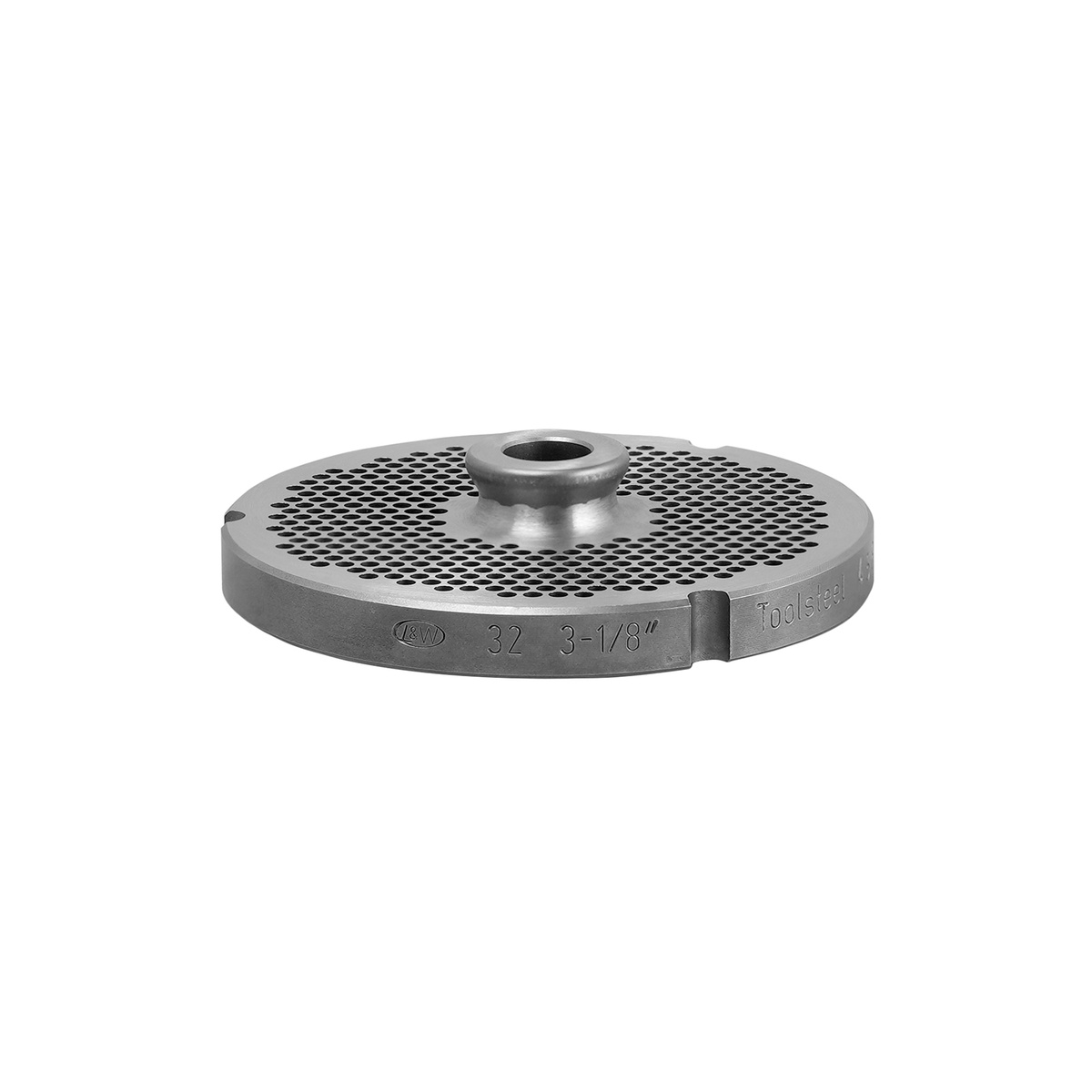Side profile view of Alfa International 32 1/8 HBLS chopper plate showing L&W branding, hub size 32, 3-1/8 inch diameter, and Toolsteel stamp on the rim