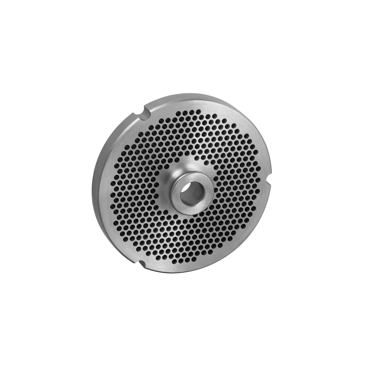Alfa International 32 1/8 HBLS L&W chopper plate front view showing maximum-drilled fine hole pattern and center hub