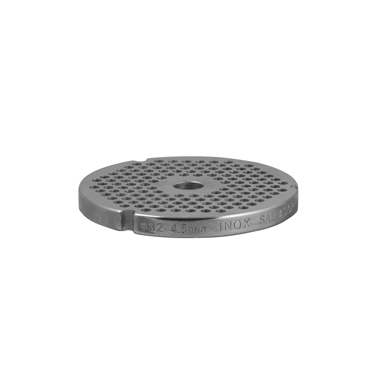 Side angled view of Alfa International #32 4.5mm hubless chopper plate with engraved size markings