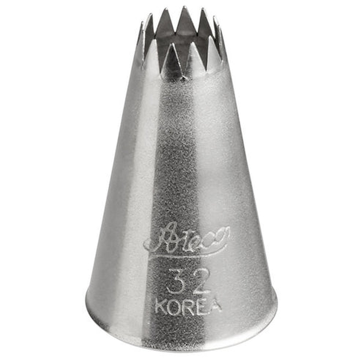 Ateco 32 open star piping tip, stainless steel, conical shape with deep star-cut opening, labeled Korea