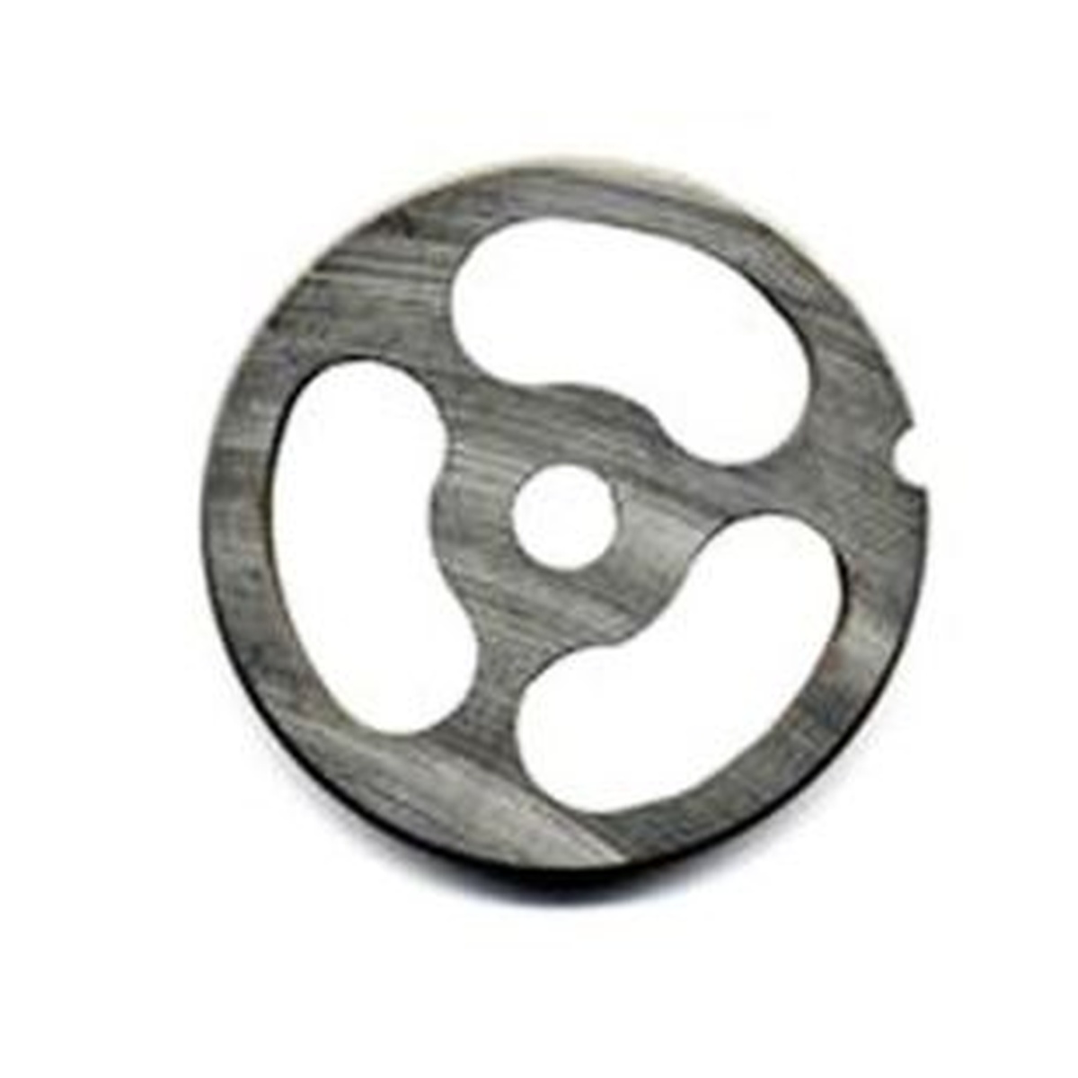 Alfa International #32 kidney meat grinder plate with 3 kidney-shaped holes, stainless steel construction
