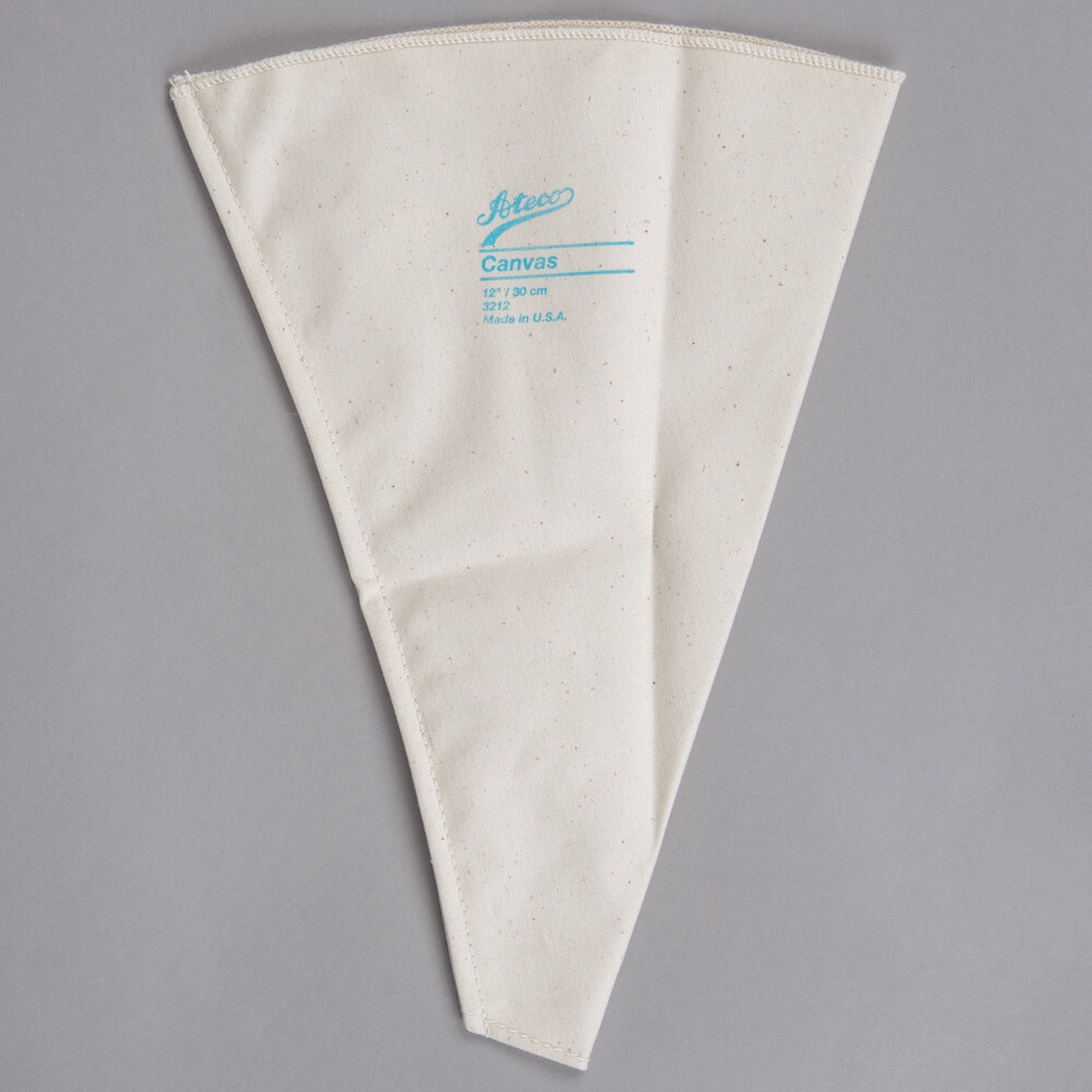 Ateco 3212 12-inch natural canvas pastry bag, flat lay showing French seamed sides and stitched top