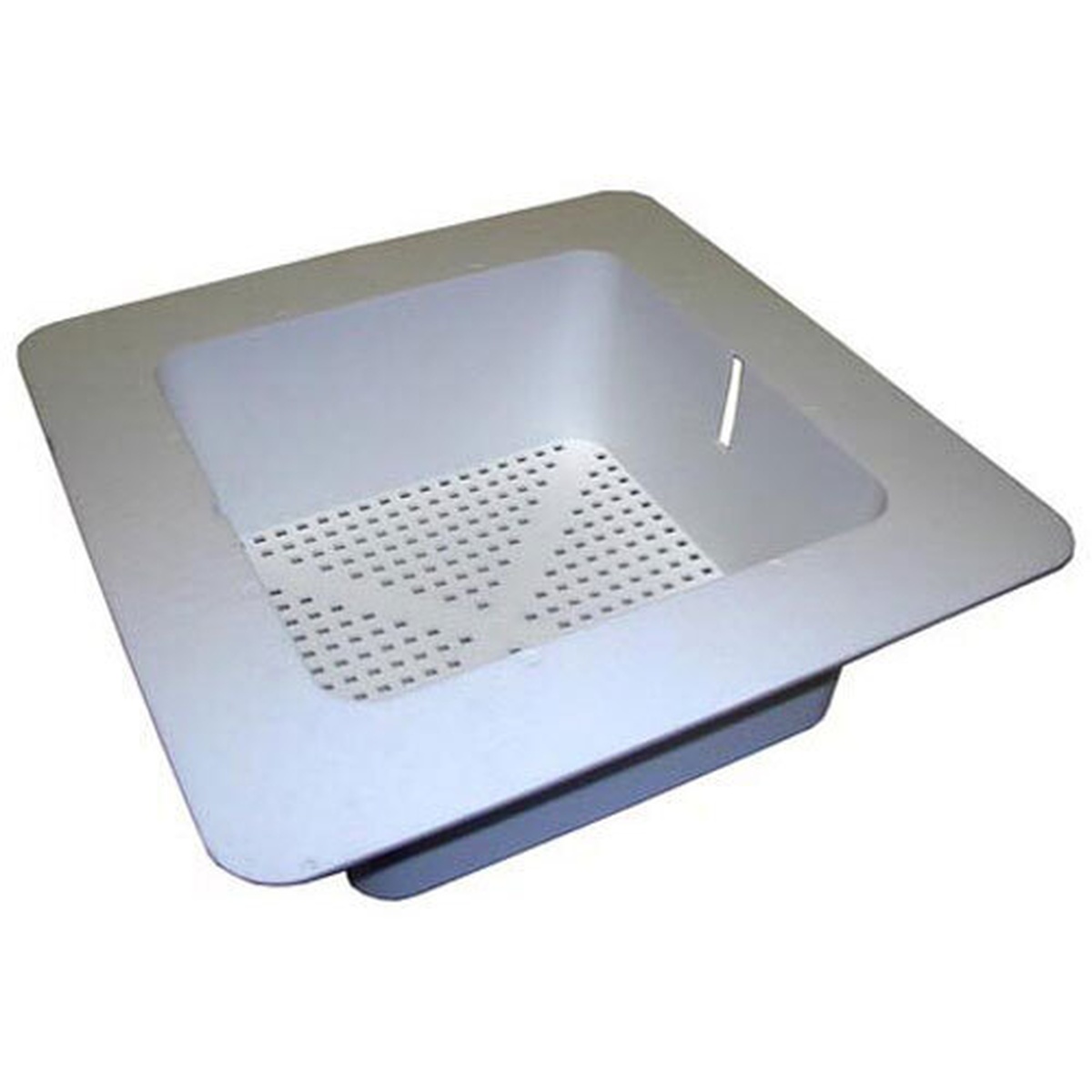 White plastic flanged floor drain strainer with perforated bottom basket